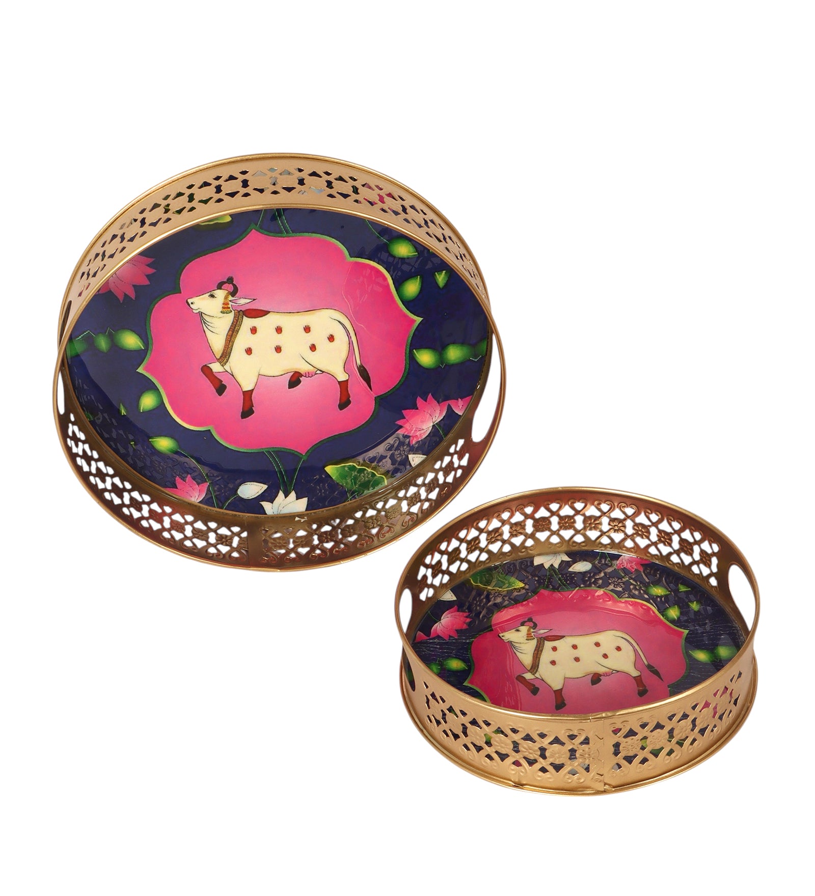 Sacred Kamdhenu Cow Design Serving Trays Set (8 Inches & 10 Inches), Serving Plates for Home