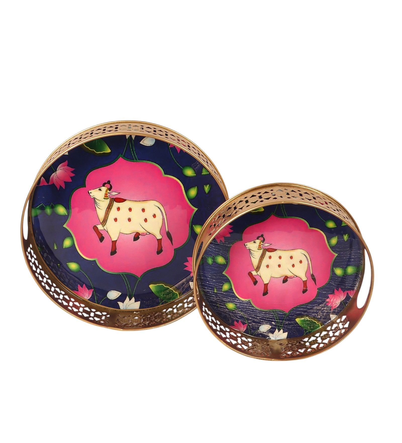 Sacred Kamdhenu Cow Design Serving Trays Set (8 Inches & 10 Inches), Serving Plates for Home
