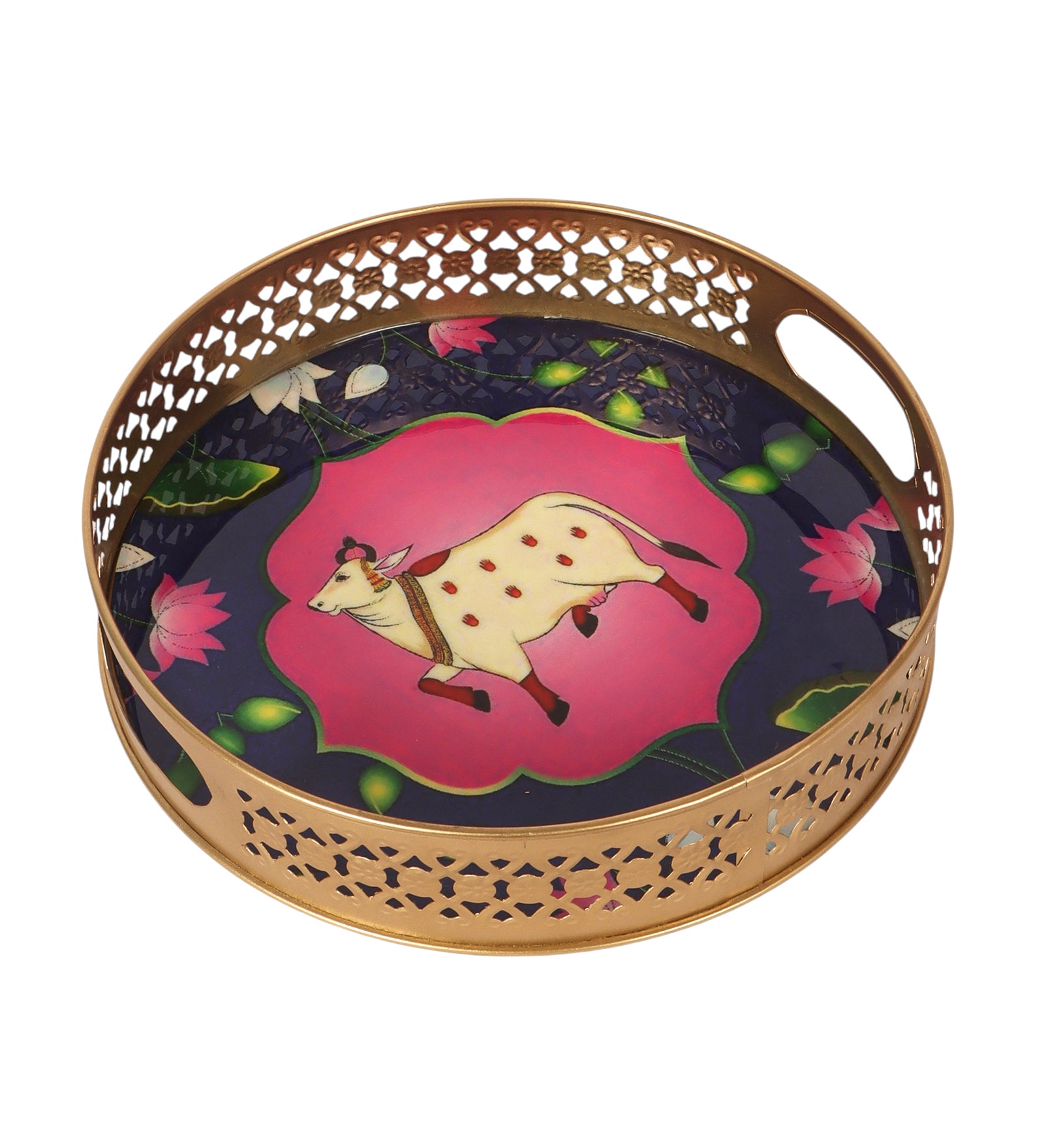 Sacred Kamdhenu Cow Design Serving Trays Set (8 Inches & 10 Inches), Serving Plates for Home