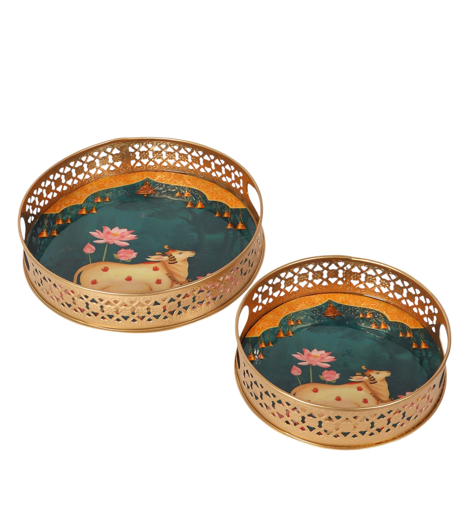 Kamdhenu Cow Design Rounded Serving Trays Set (8 Inches & 10 Inches), Serving Plates for Home