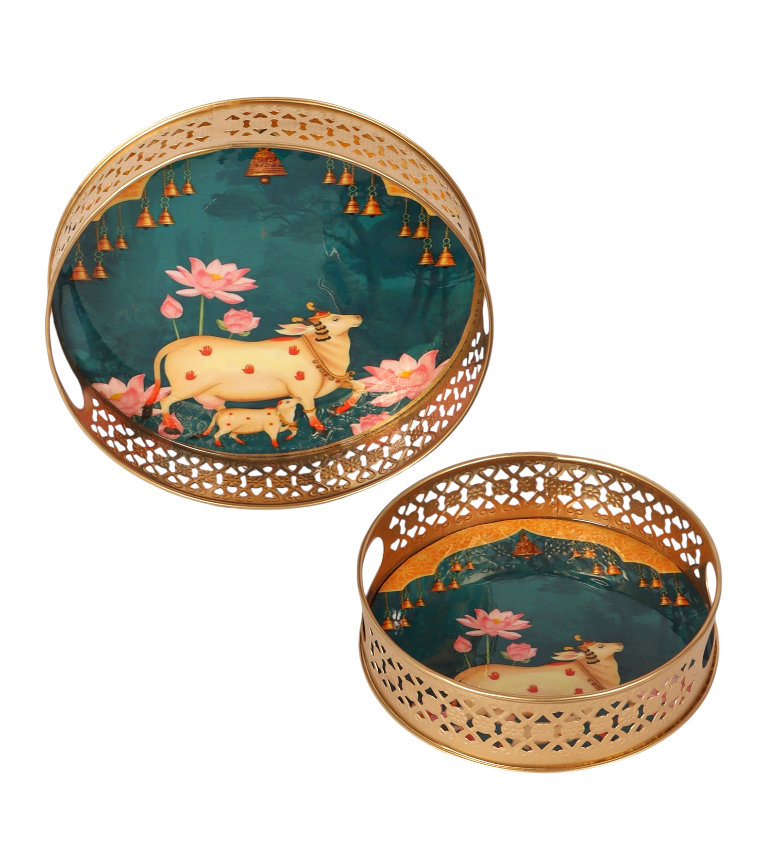 Kamdhenu Cow Design Rounded Serving Trays Set (8 Inches & 10 Inches), Serving Plates for Home