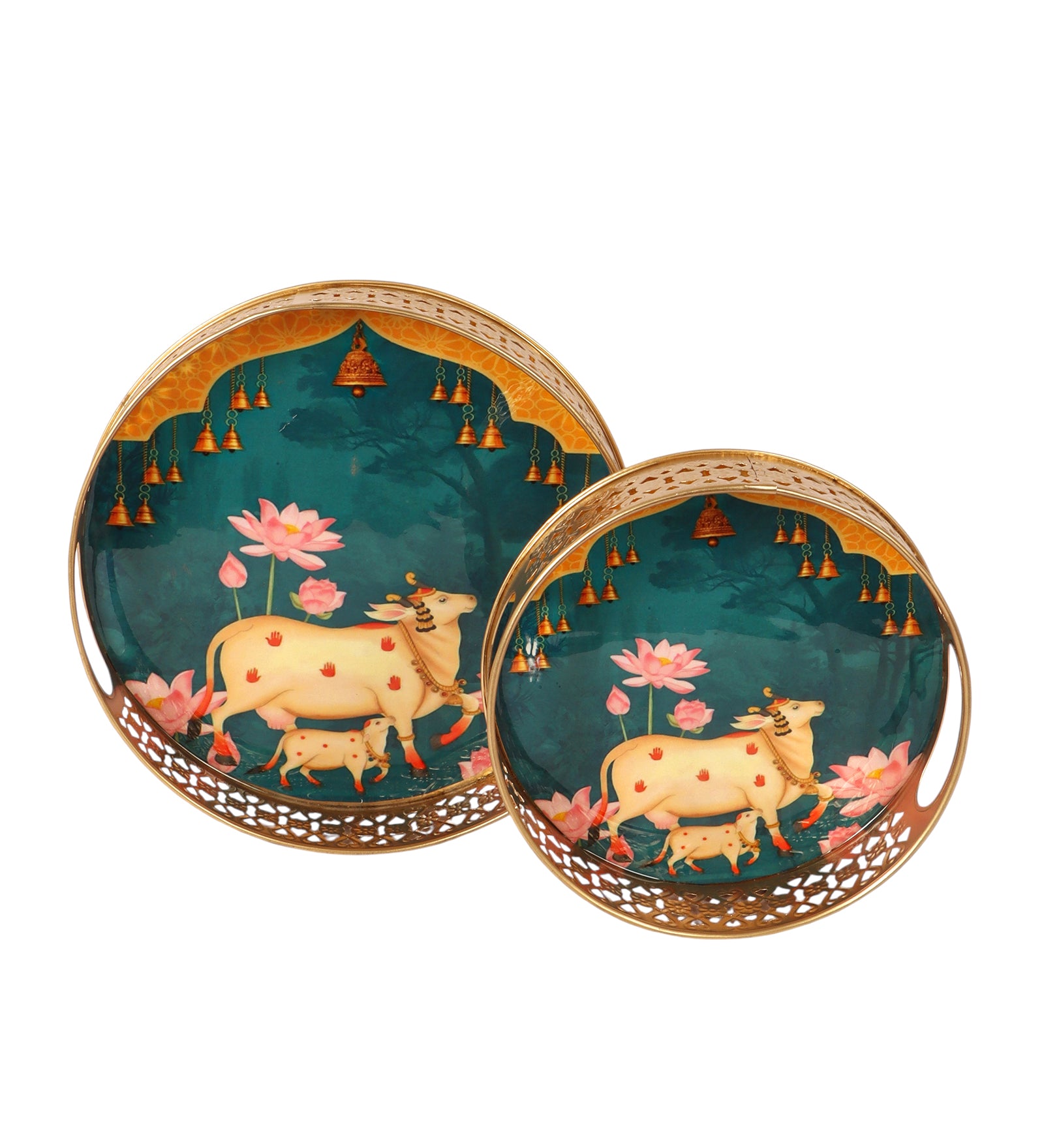 Kamdhenu Cow Design Rounded Serving Trays Set (8 Inches & 10 Inches), Serving Plates for Home