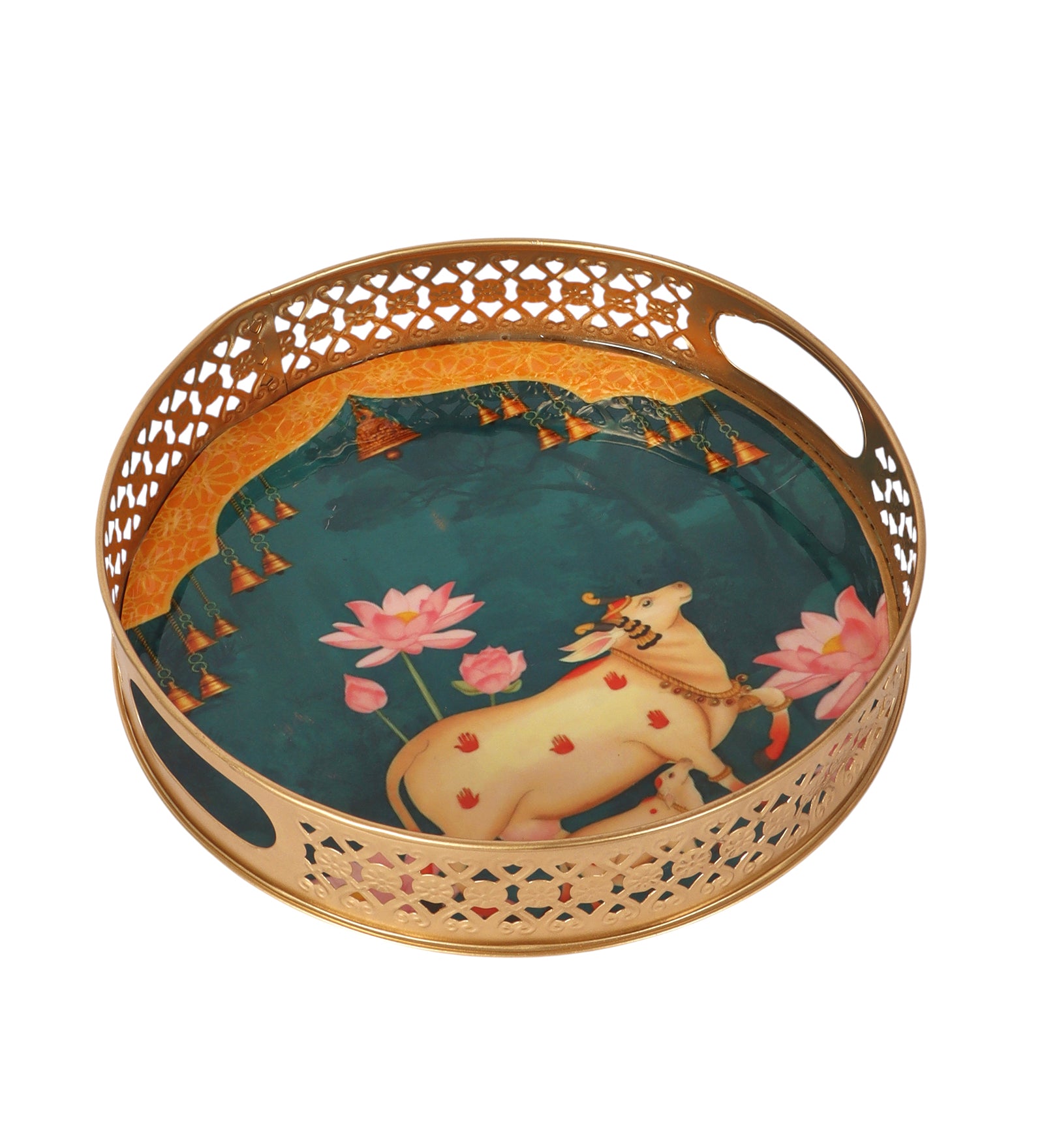 Kamdhenu Cow Design Rounded Serving Trays Set (8 Inches & 10 Inches), Serving Plates for Home