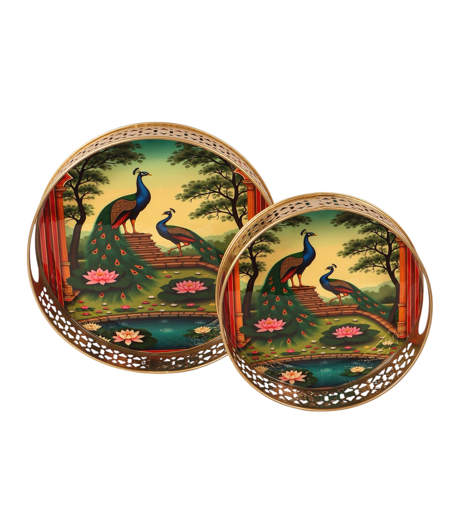 Peacock Pair Design Serving Trays Set (8 Inches & 10 Inches), Serving Plates for Home