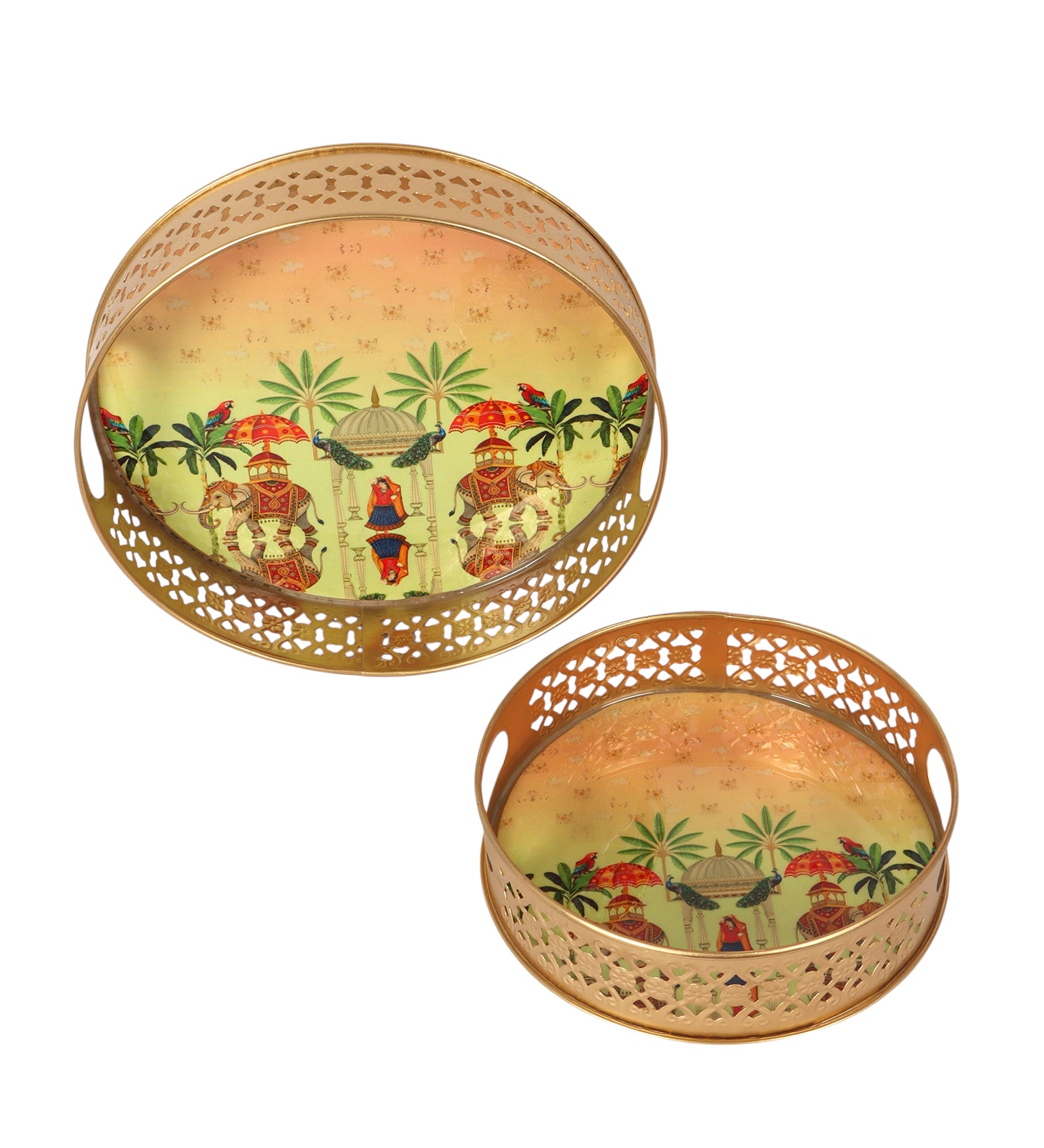 Rajasthani Culture Design Serving Trays Set (8 Inches & 10 Inches), Premium Metal Decorative Trays with Palace Artwork