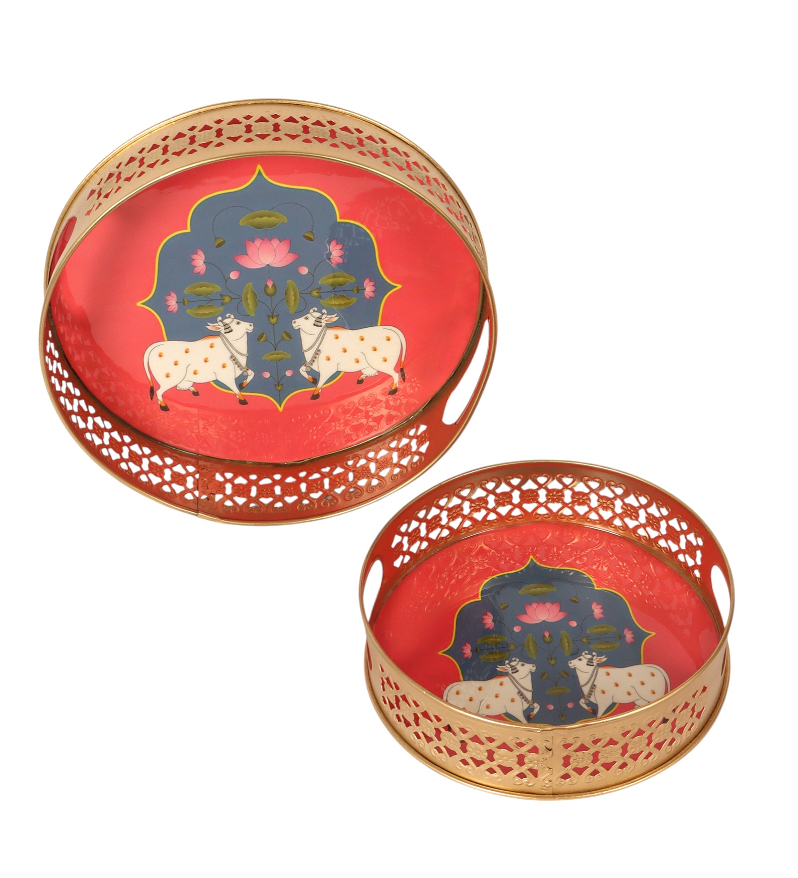 Twin Kamdhenu Cow Design Serving Trays Set (8 Inches & 10 Inches), Premium Metal Decorative Trays