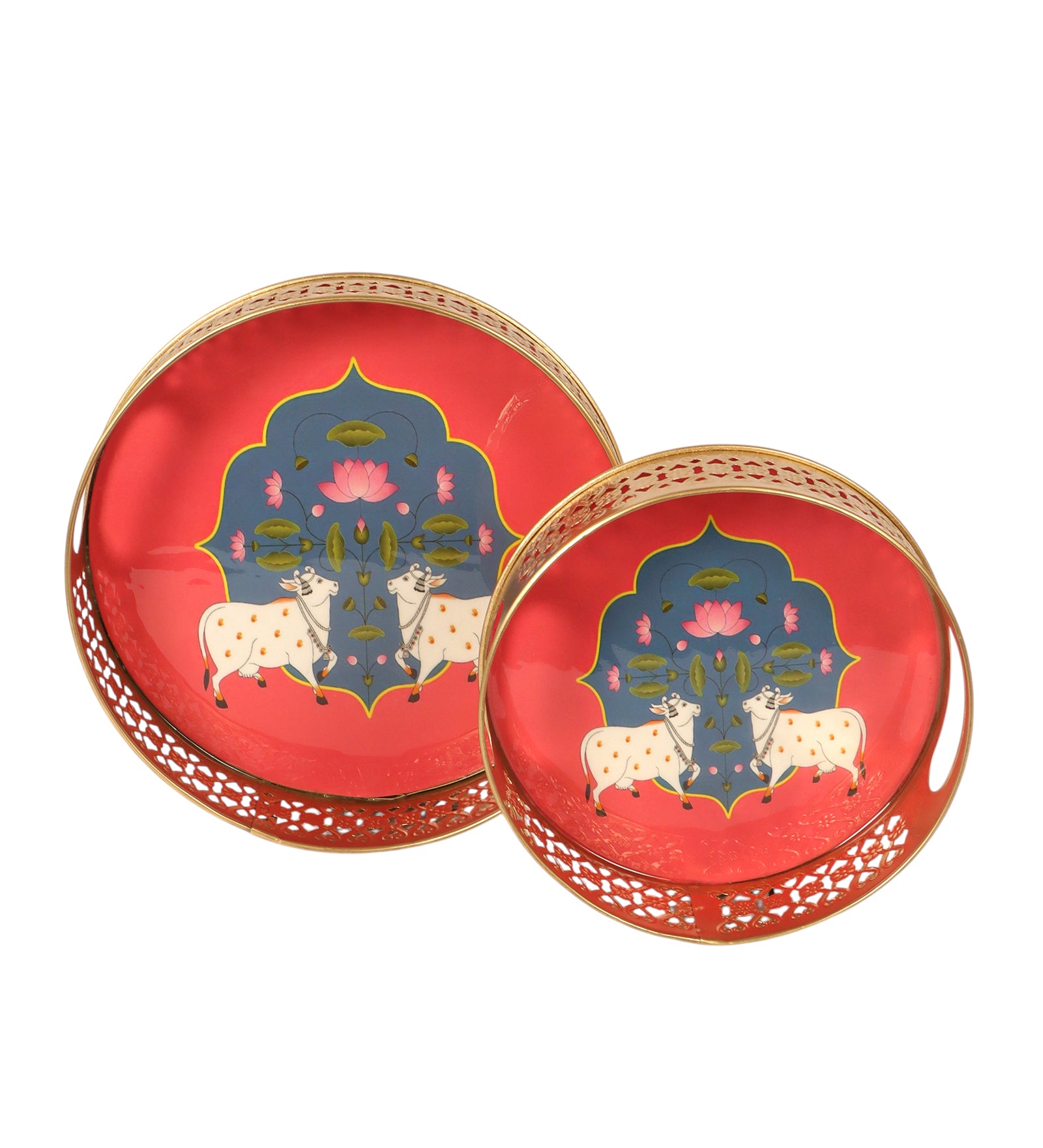 Twin Kamdhenu Cow Design Serving Trays Set (8 Inches & 10 Inches), Premium Metal Decorative Trays