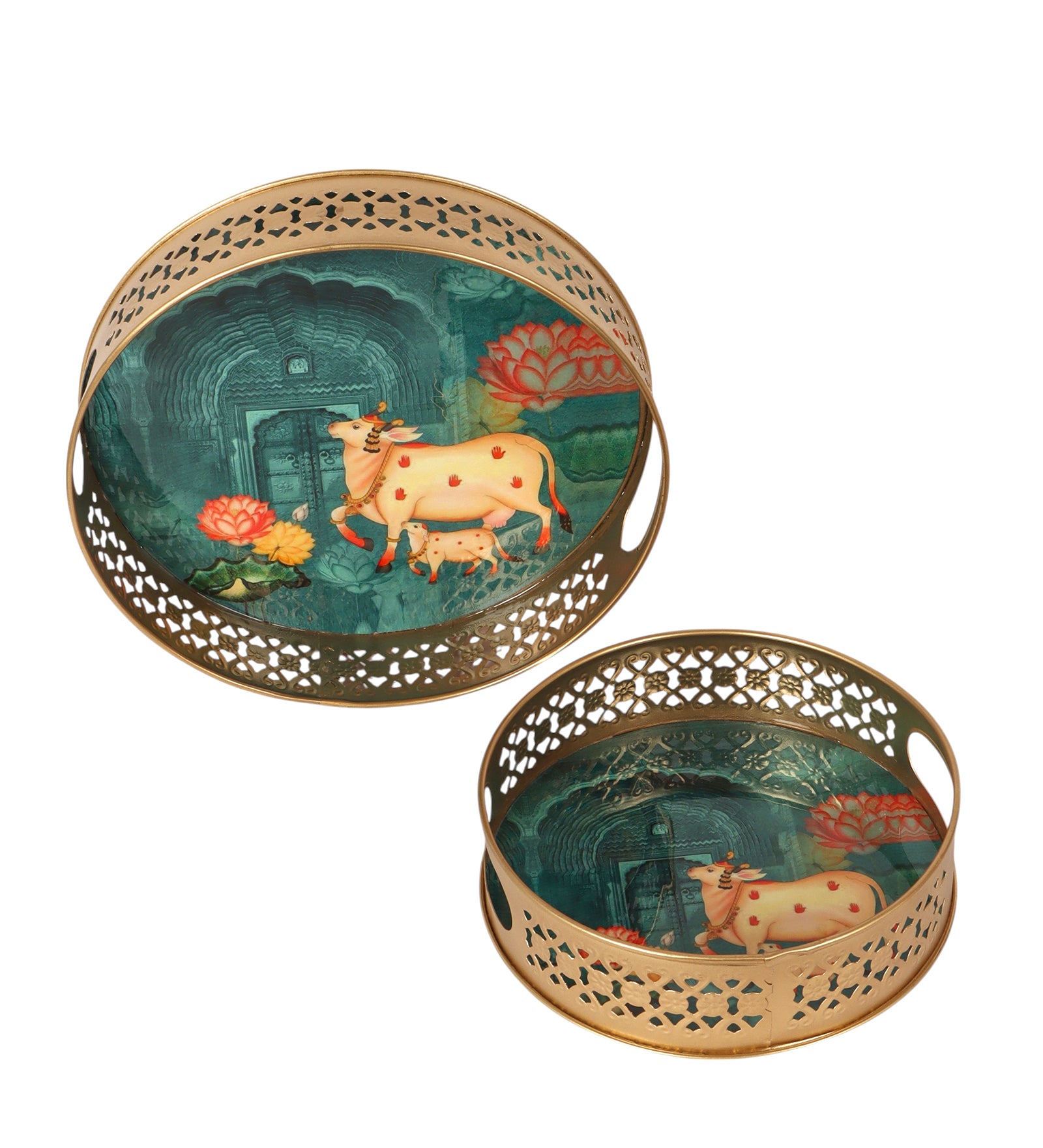 Kamdhenu Cow with Calf Design Pichwai Trays Set (8 Inches & 10 Inches), Serving Plates for Home