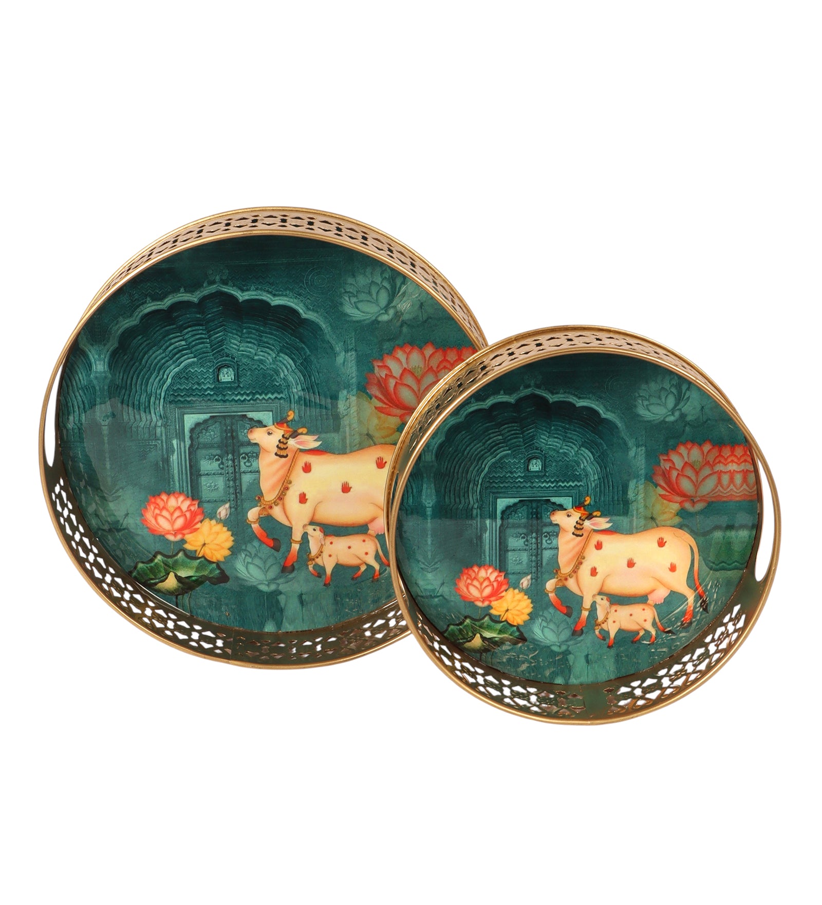 Kamdhenu Cow with Calf Design Pichwai Trays Set (8 Inches & 10 Inches), Serving Plates for Home