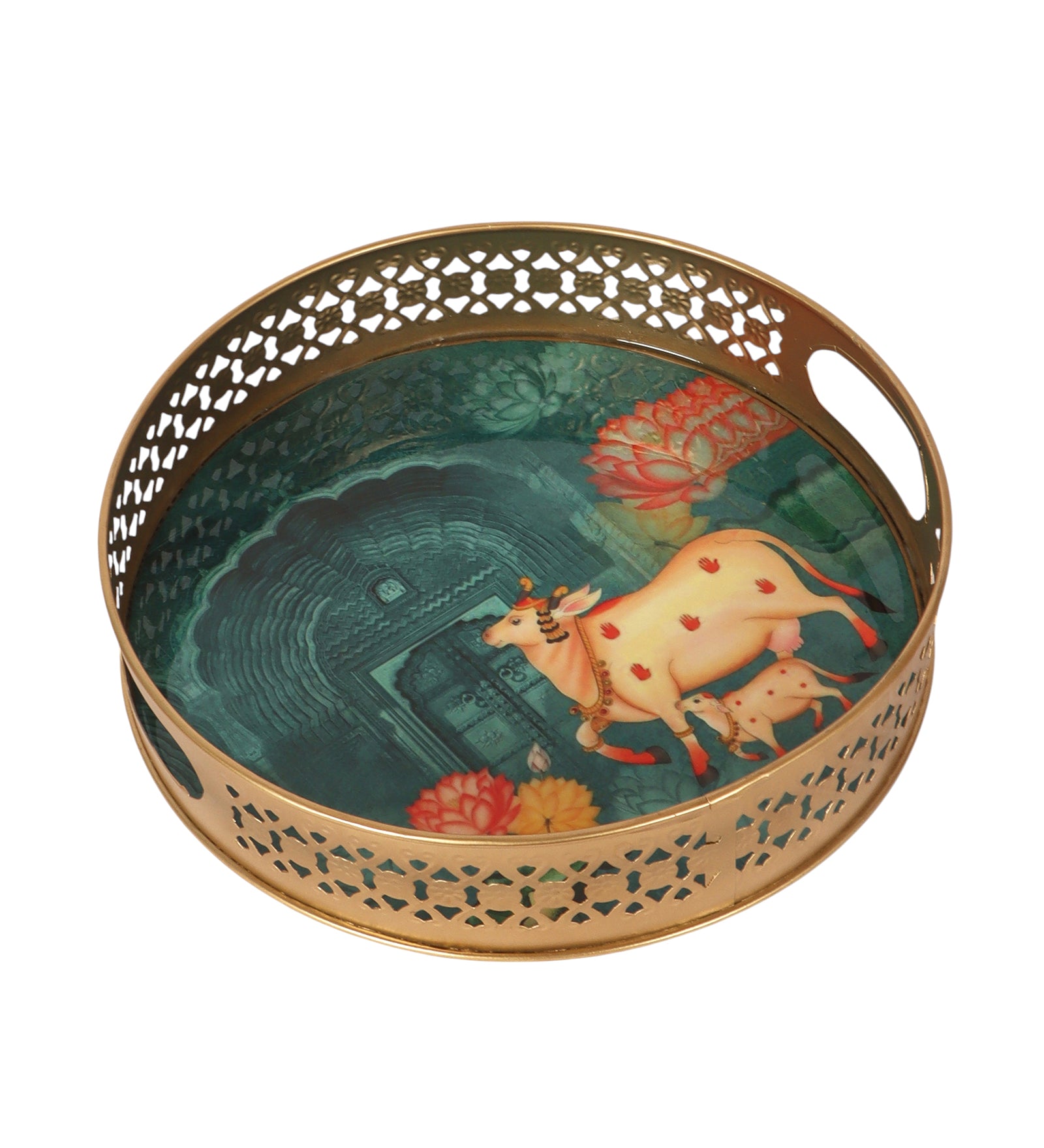 Kamdhenu Cow with Calf Design Pichwai Trays Set (8 Inches & 10 Inches), Serving Plates for Home