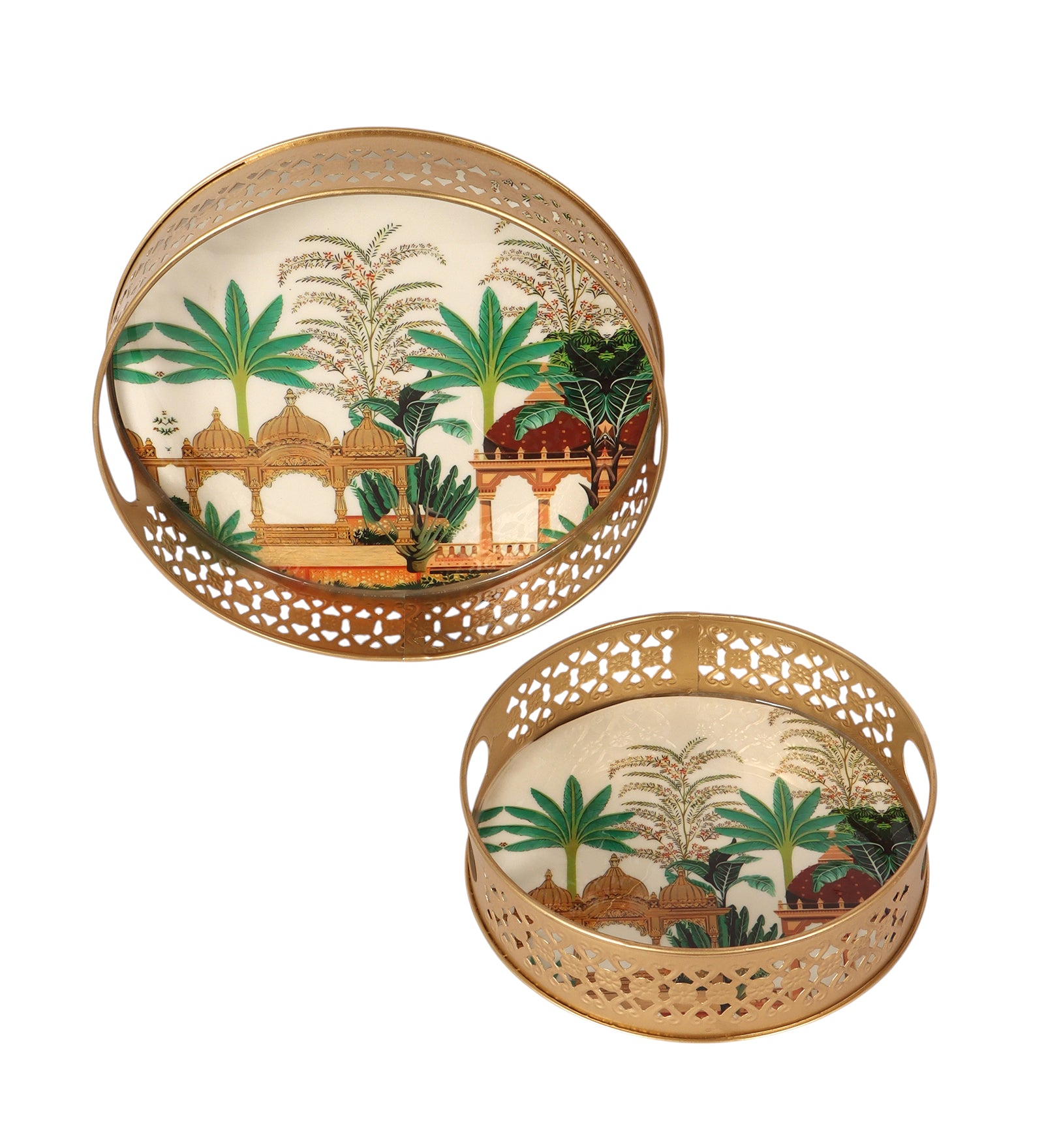 Rajasthani Mahal Design Pichwai Trays Set (8 Inches & 10 Inches), Serving Plates for Home