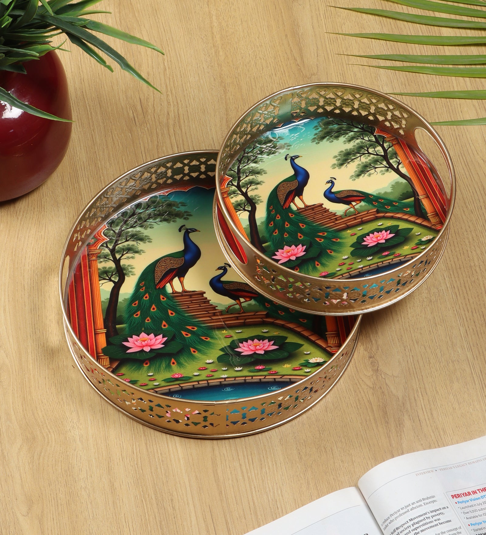 Peacock Pair Design Serving Trays Set (8 Inches & 10 Inches), Serving Plates for Home