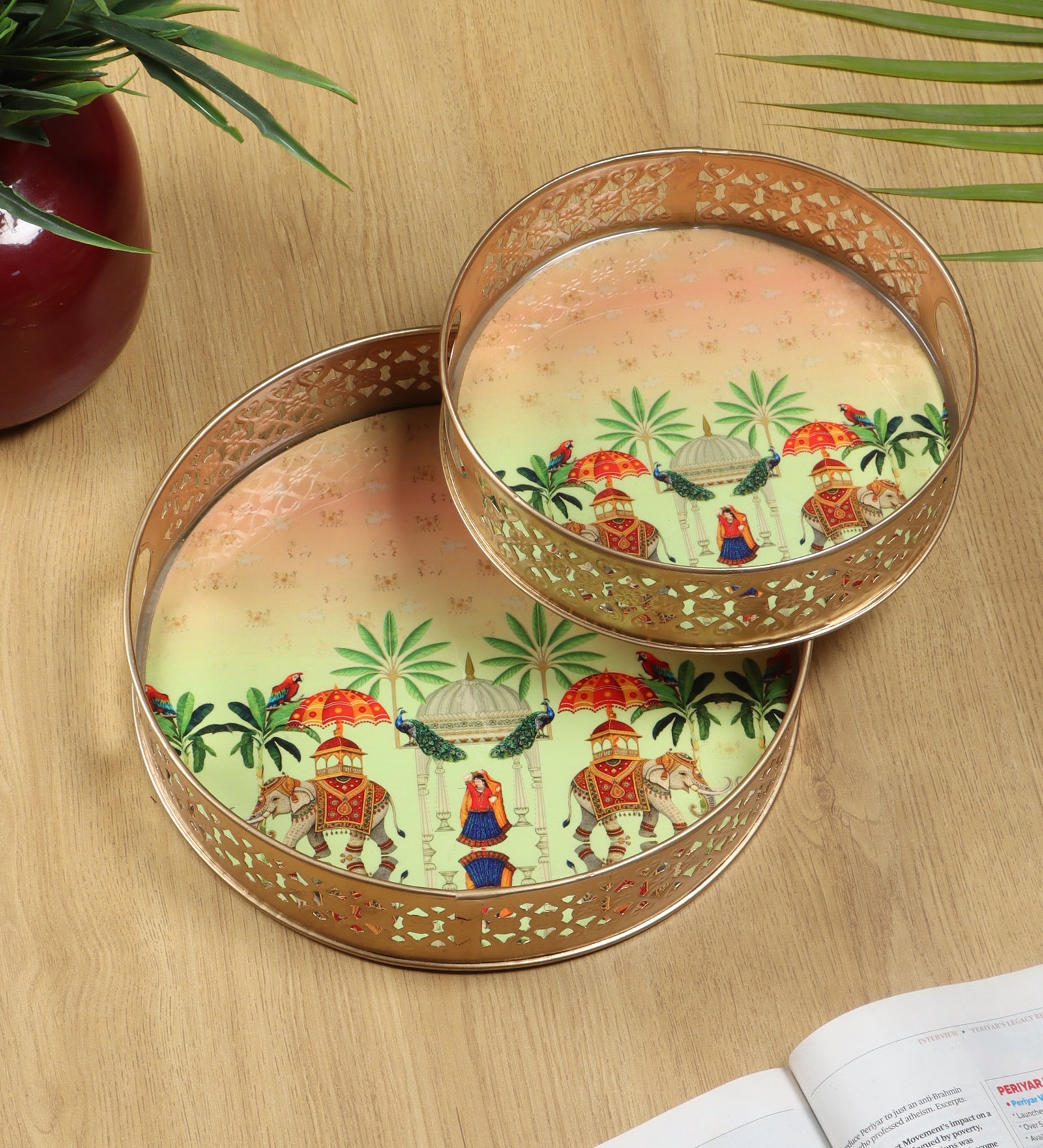 Rajasthani Culture Design Serving Trays Set (8 Inches & 10 Inches), Premium Metal Decorative Trays with Palace Artwork