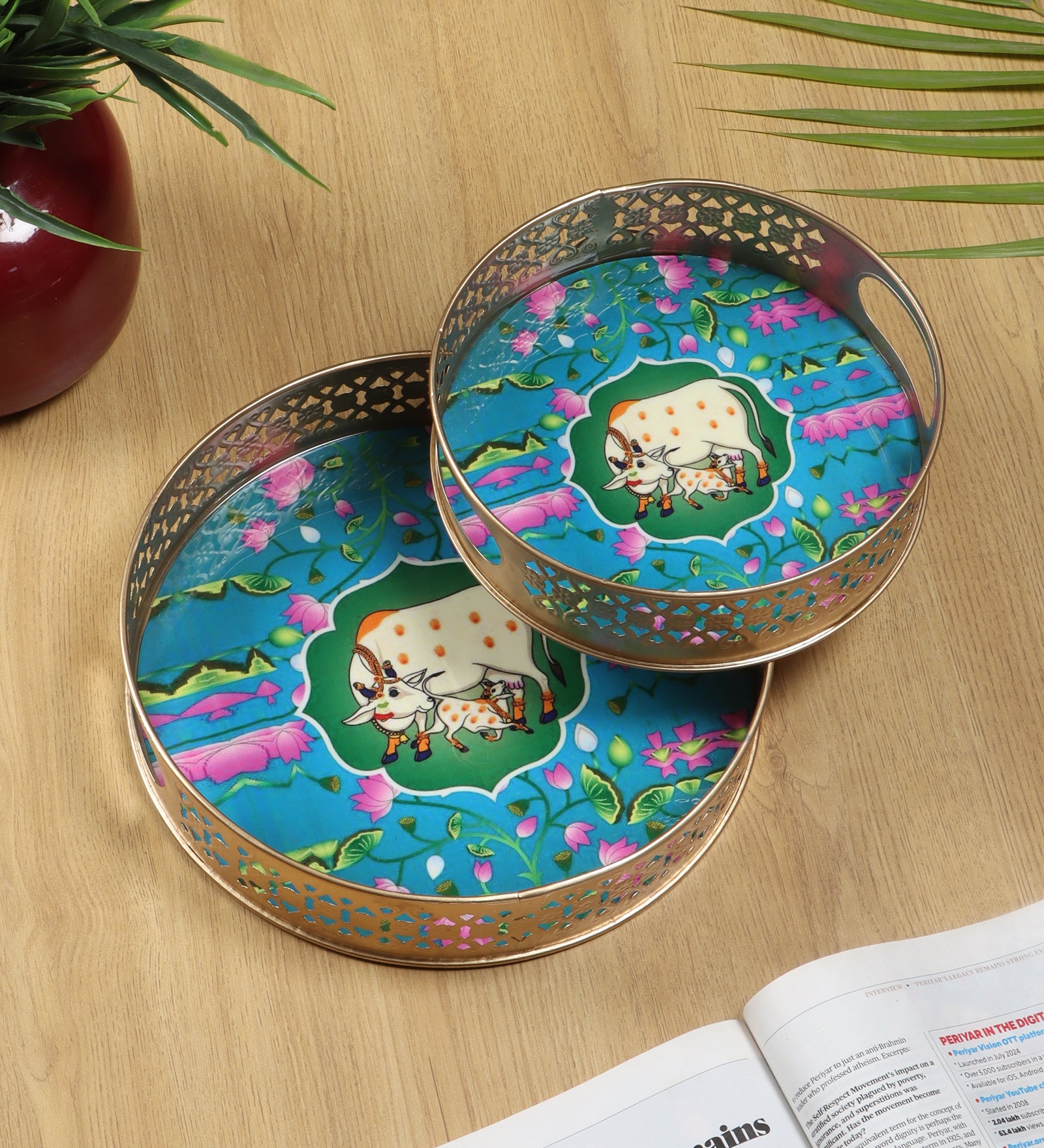 Kamdhenu Cow with Calf Design Serving Trays Set (8 Inches & 10 Inches), Serving Plates for Home