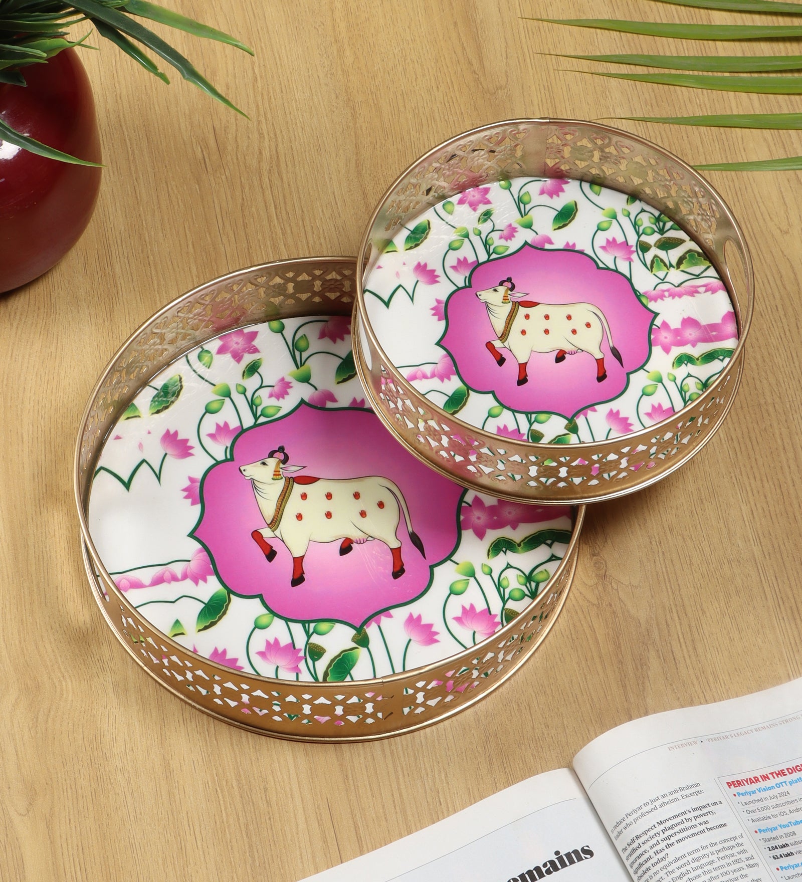 Kamdhenu Cow in Lotus Flower Pattern Design Pichwai Trays Set (8 Inches & 10 Inches), Serving Plates for Home