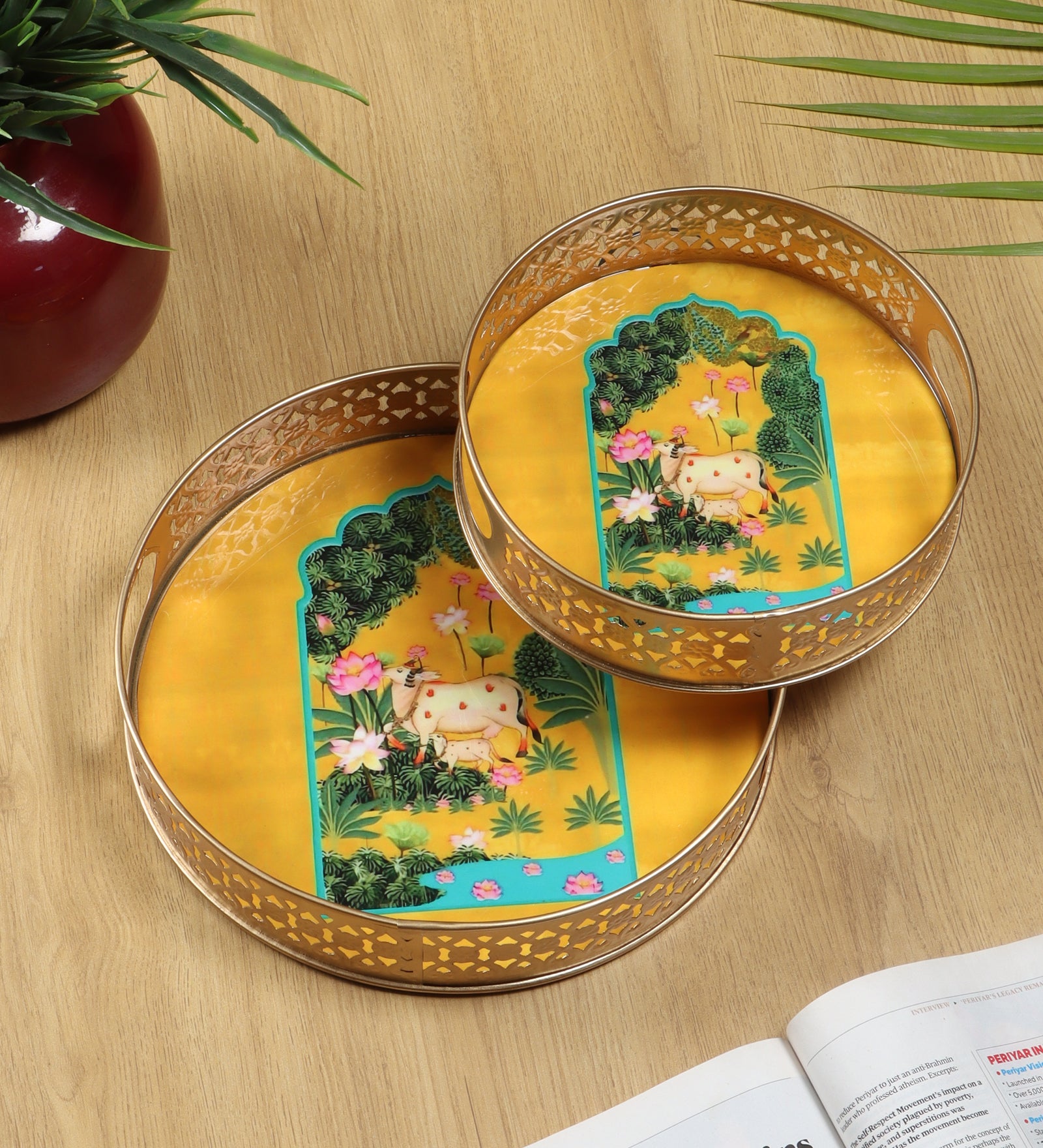 Kamdhenu Cow in Lotus Garden Design Serving Trays Set (8 Inches & 10 Inches), Premium Metal Decorative Trays