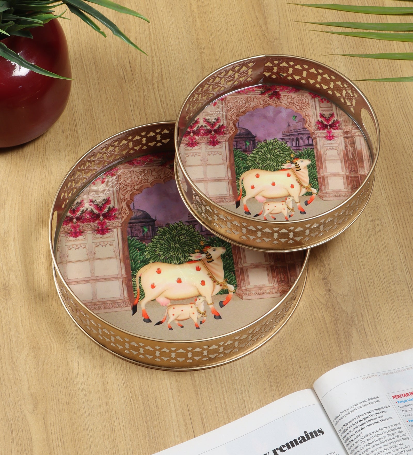 Royal Kamdhenu Cow with Calf Design Pichwai Trays Set (8 Inches & 10 Inches), Serving Plates for Home