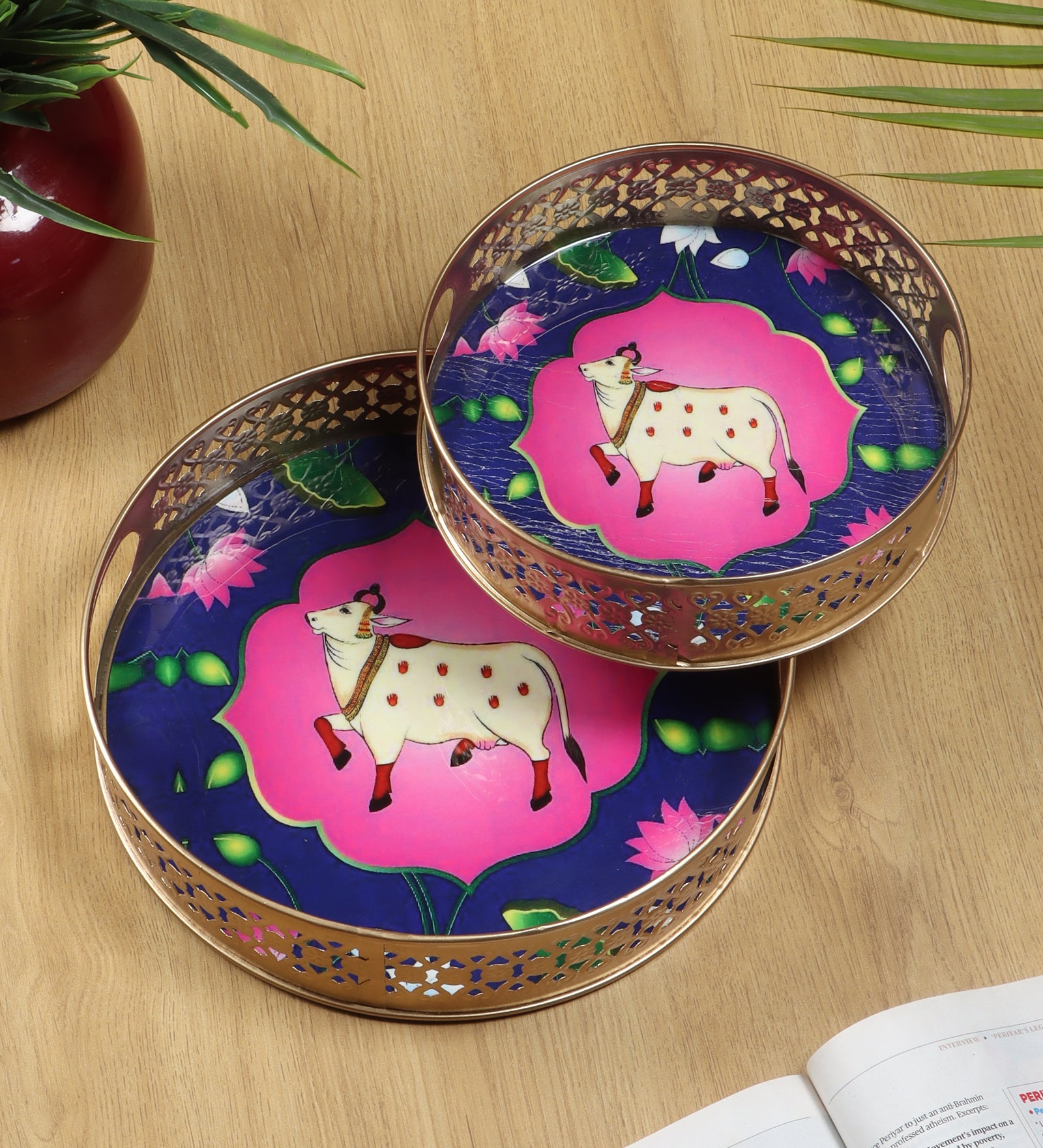 Sacred Kamdhenu Cow Design Serving Trays Set (8 Inches & 10 Inches), Serving Plates for Home