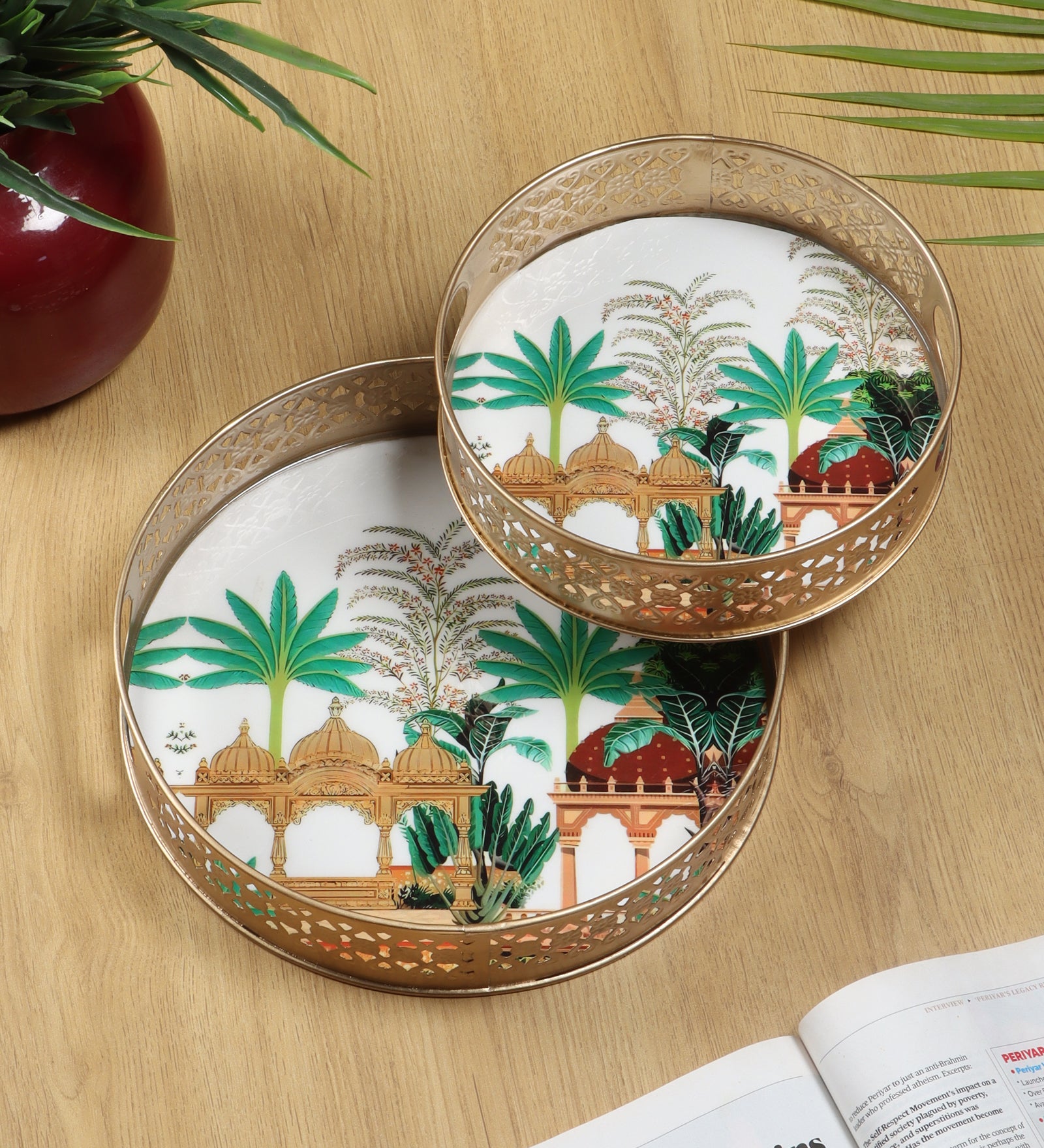 Rajasthani Mahal Design Pichwai Trays Set (8 Inches & 10 Inches), Serving Plates for Home