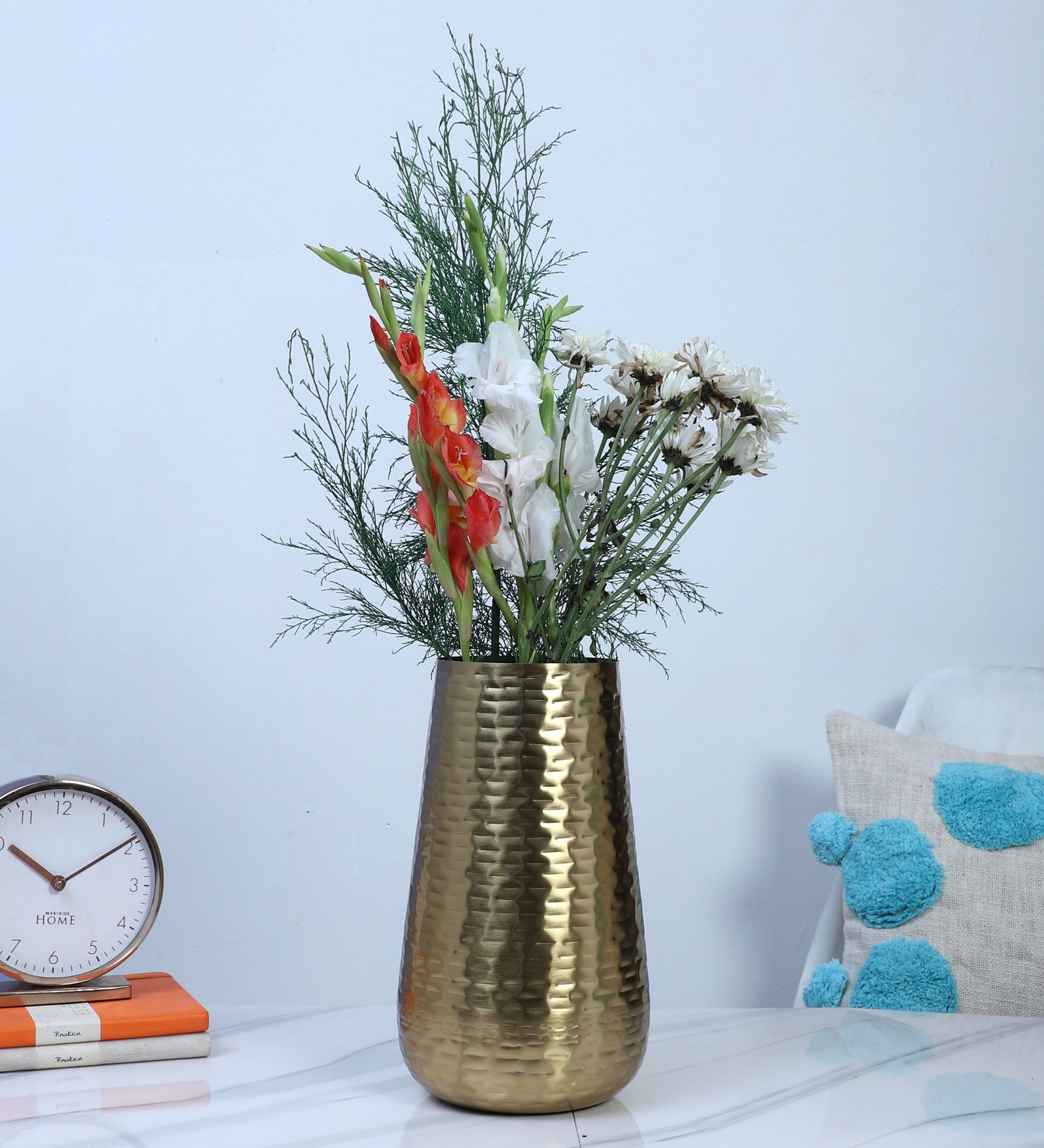 Metal 12 Inches Hammered Golden Finish Flowers Vase, Flowers Vase for Home Decor, Flowers Pot for Home & Office, Housewarming Gifts