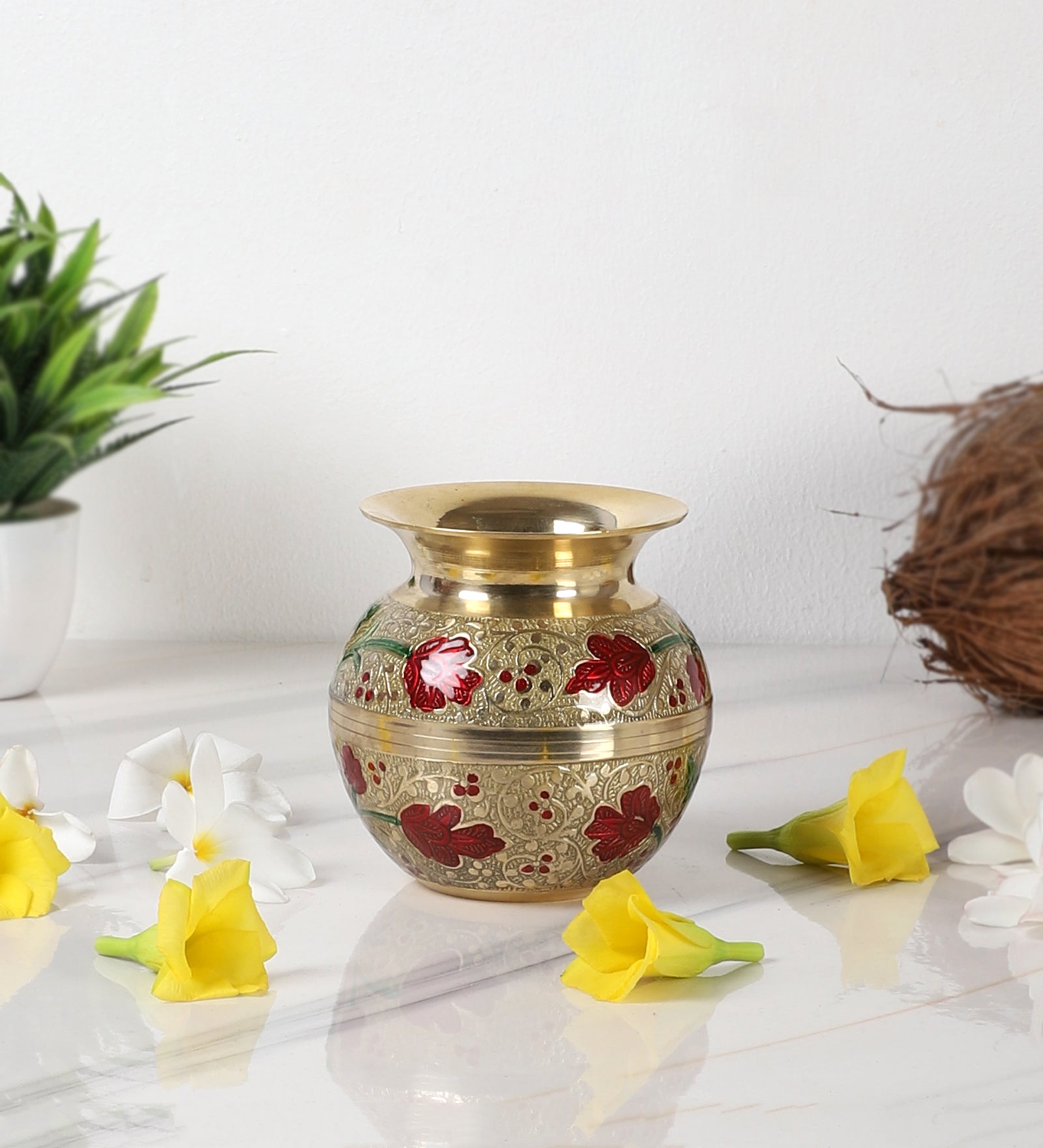 Brass 4 Inches Flowers Design Pooja Kalash, Kalash for Pooja Rituals, Brass Gangajali Lota