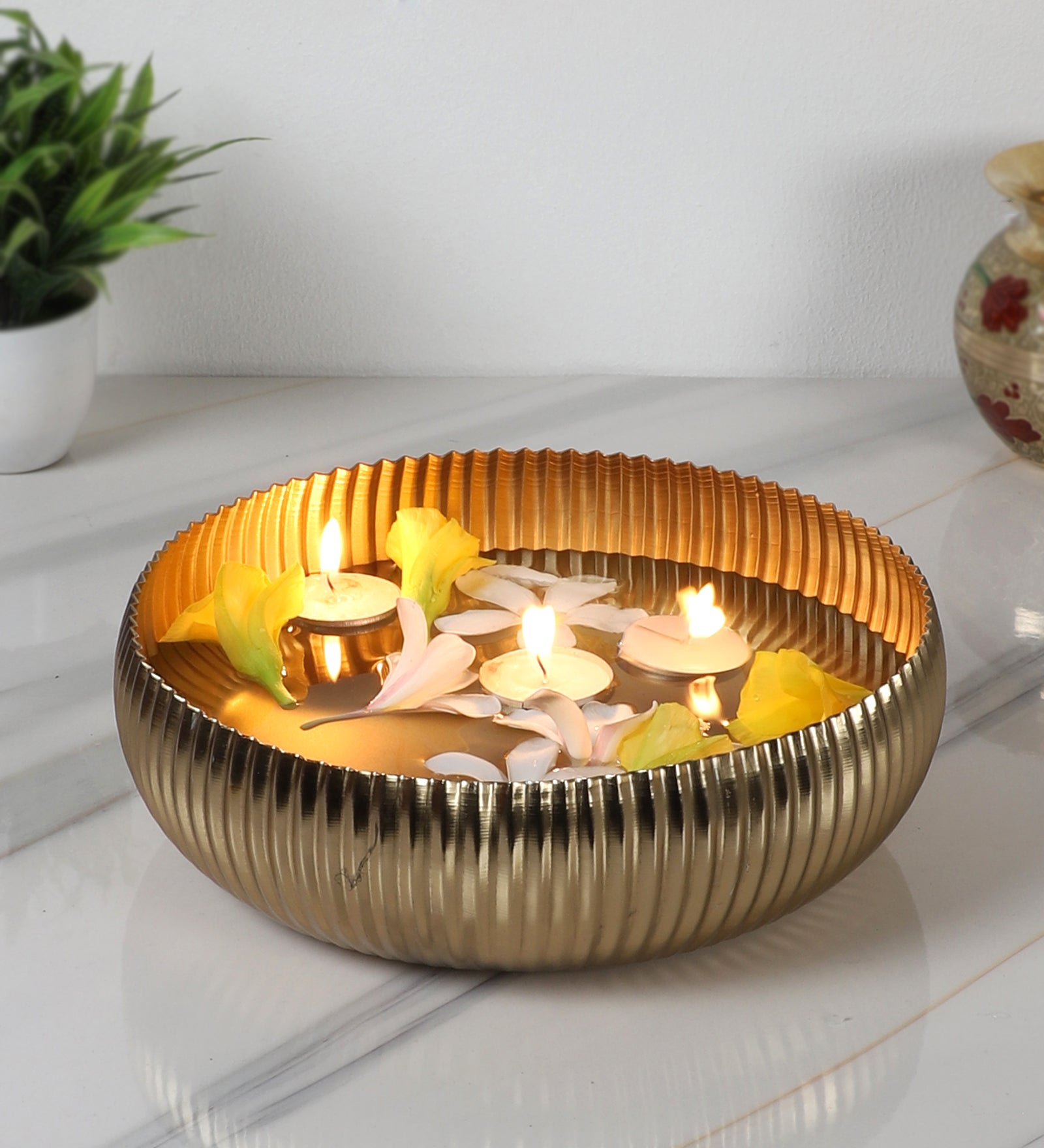 Metal 9.5 Inches Rounded Decorative Urli Bowl, Bowl for Candle Flowers, Housewarming Gifts