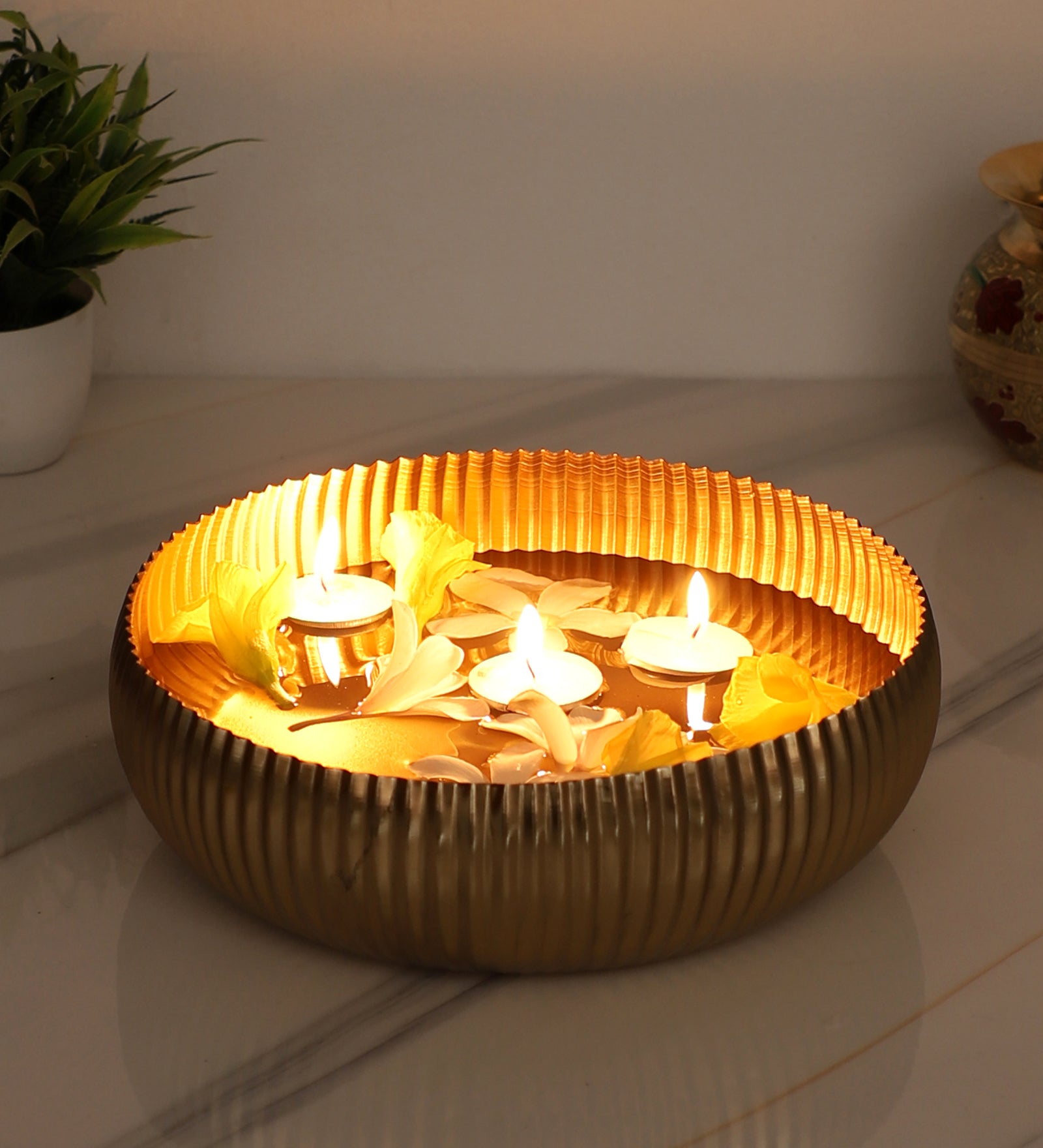 Metal 9.5 Inches Rounded Decorative Urli Bowl, Bowl for Candle Flowers, Housewarming Gifts