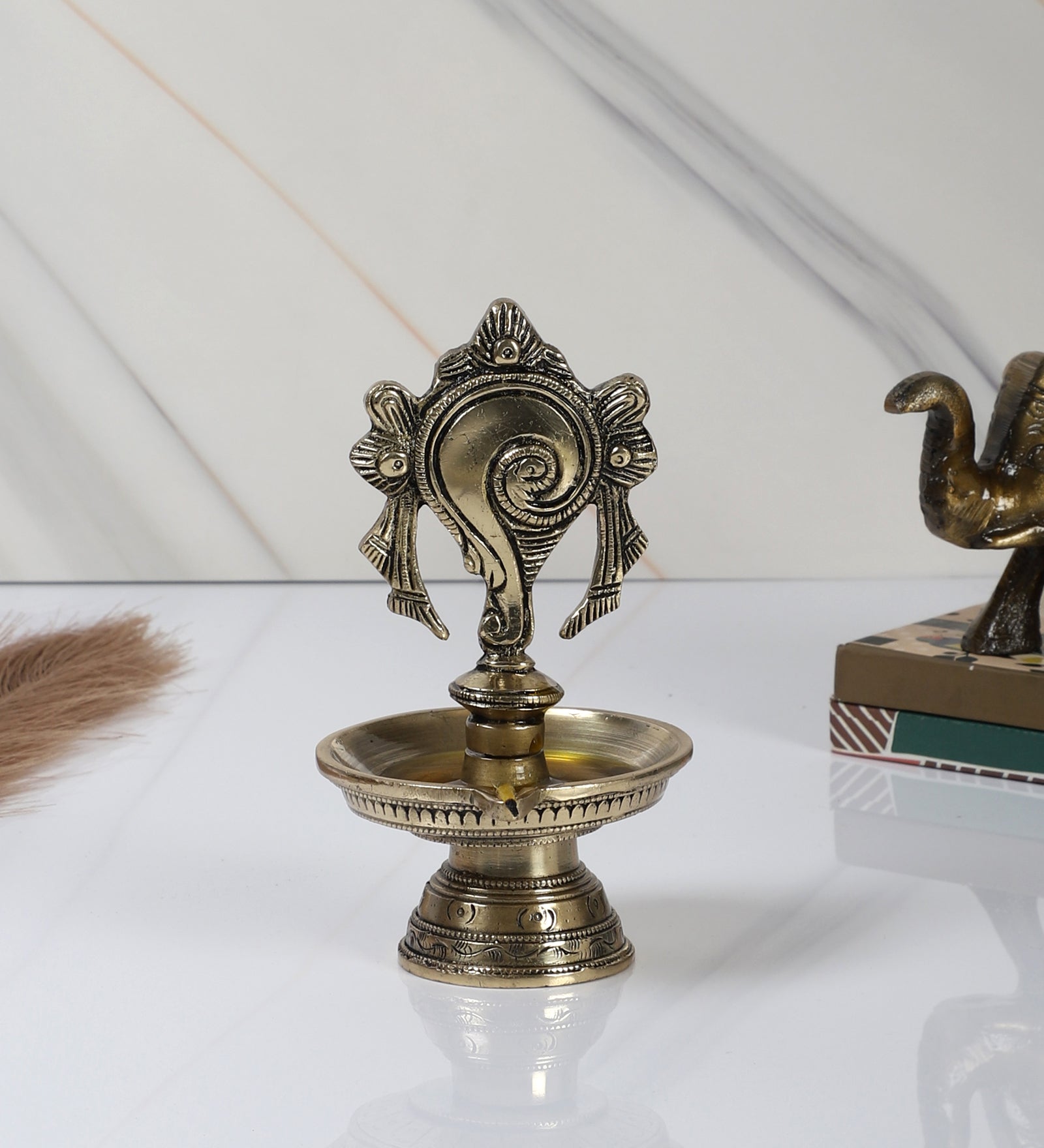 Brass 6 Inches Shankh Design Diya , Pooja Deepak for Home Temple ,Diya for Home Decor