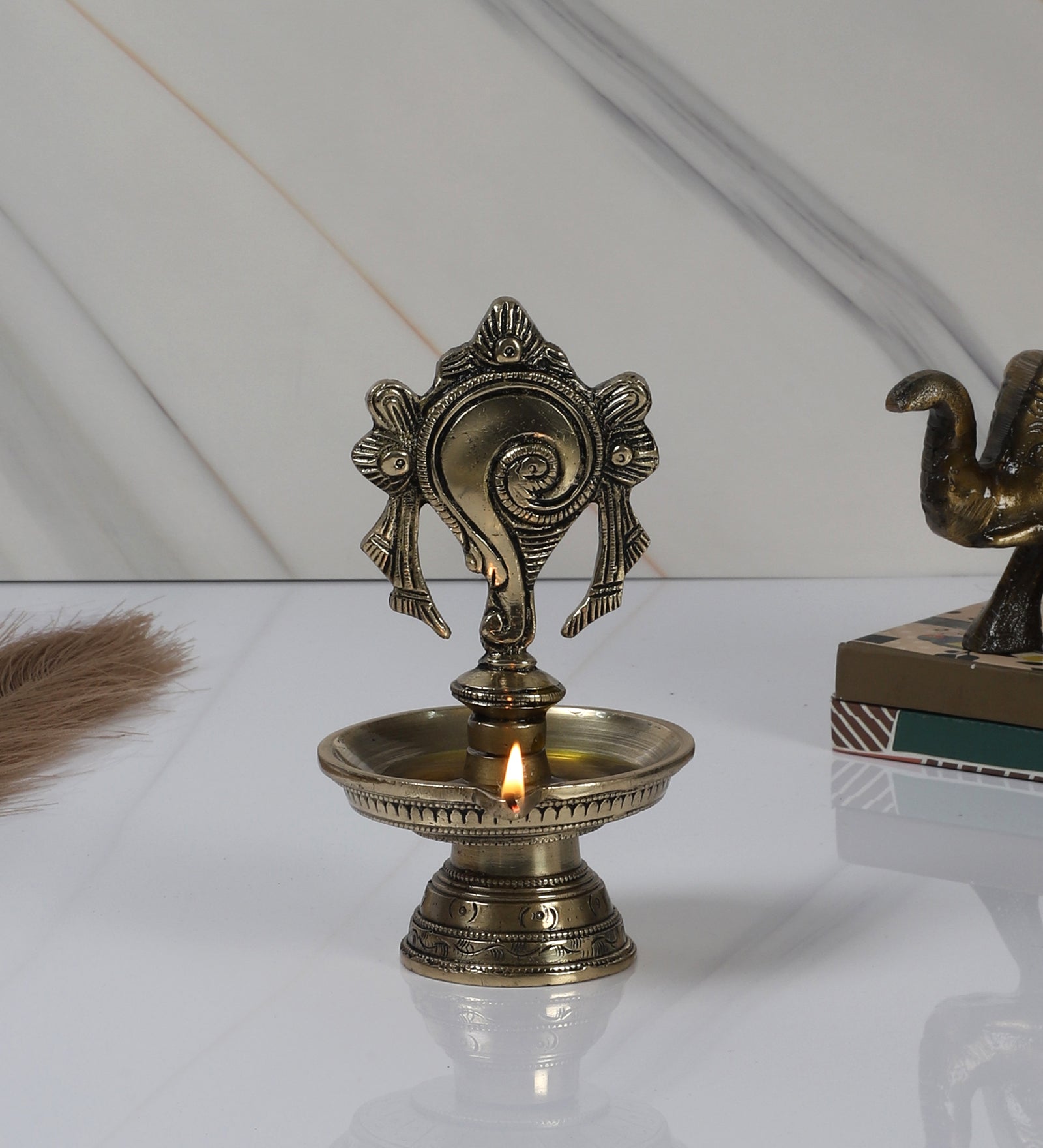 Brass 6 Inches Shankh Design Diya , Pooja Deepak for Home Temple ,Diya for Home Decor