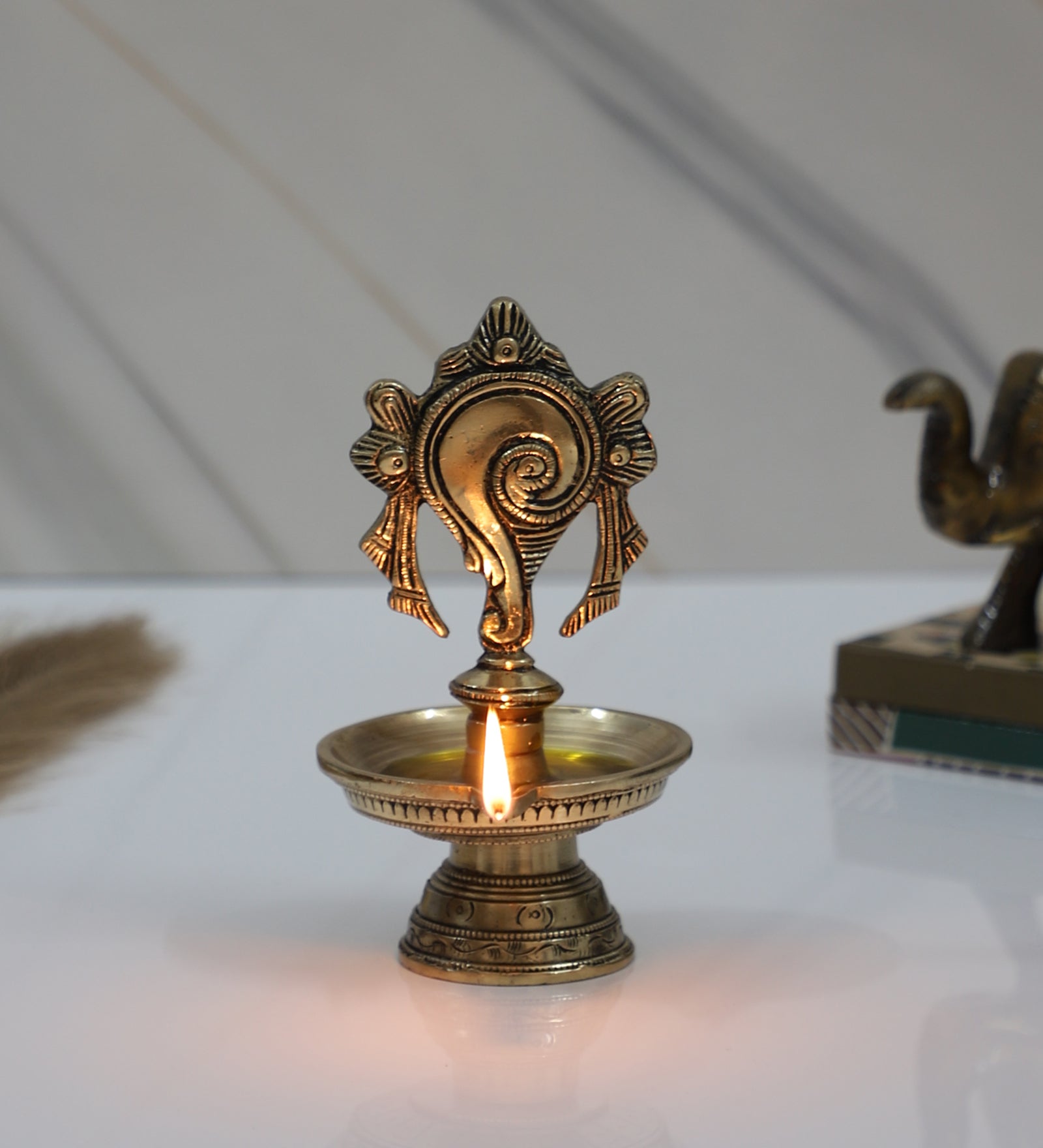 Brass 6 Inches Shankh Design Diya , Pooja Deepak for Home Temple ,Diya for Home Decor