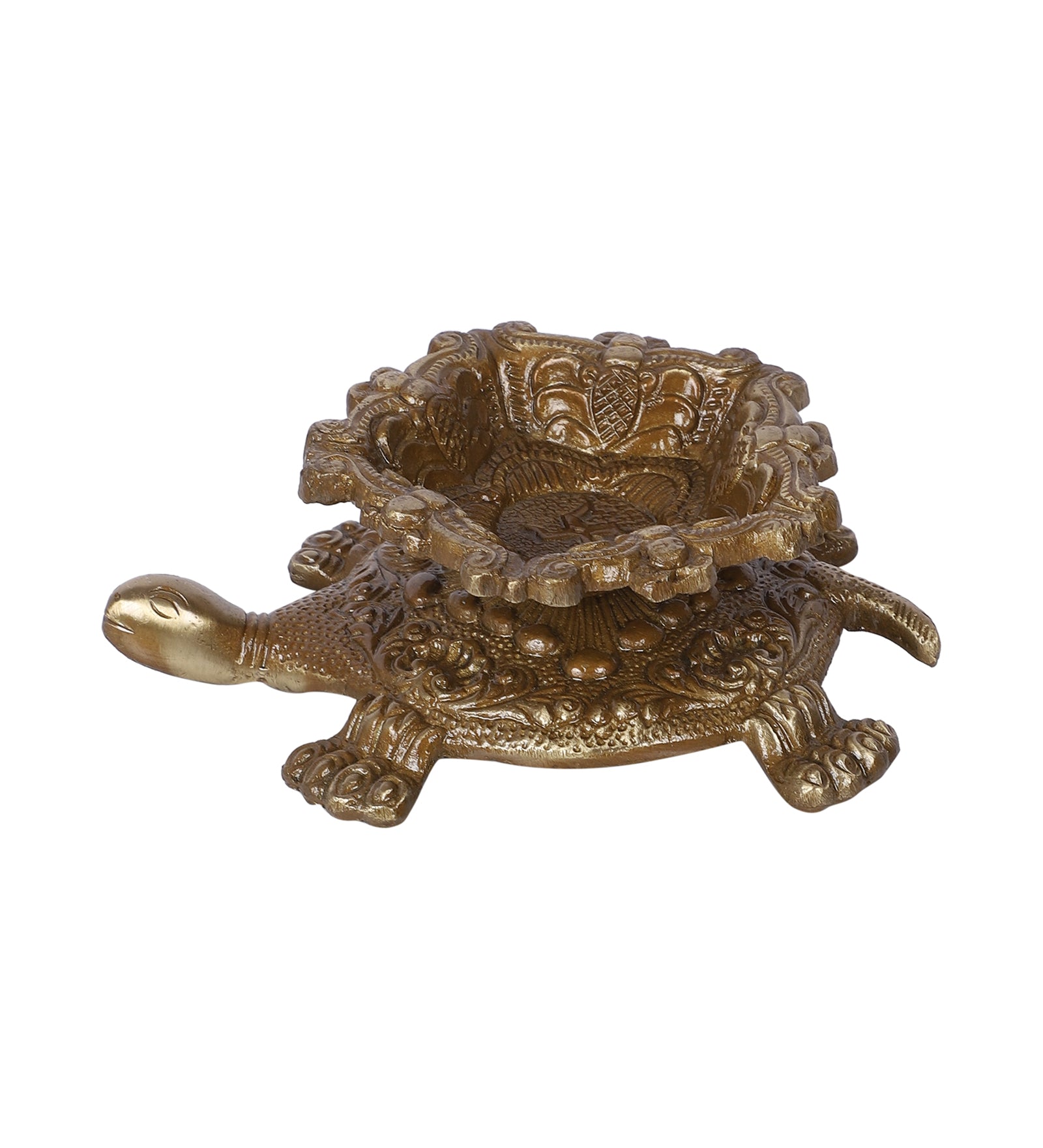 Brass Swastika Engraved Diya Over Tortoise, Brass Diyas for Home