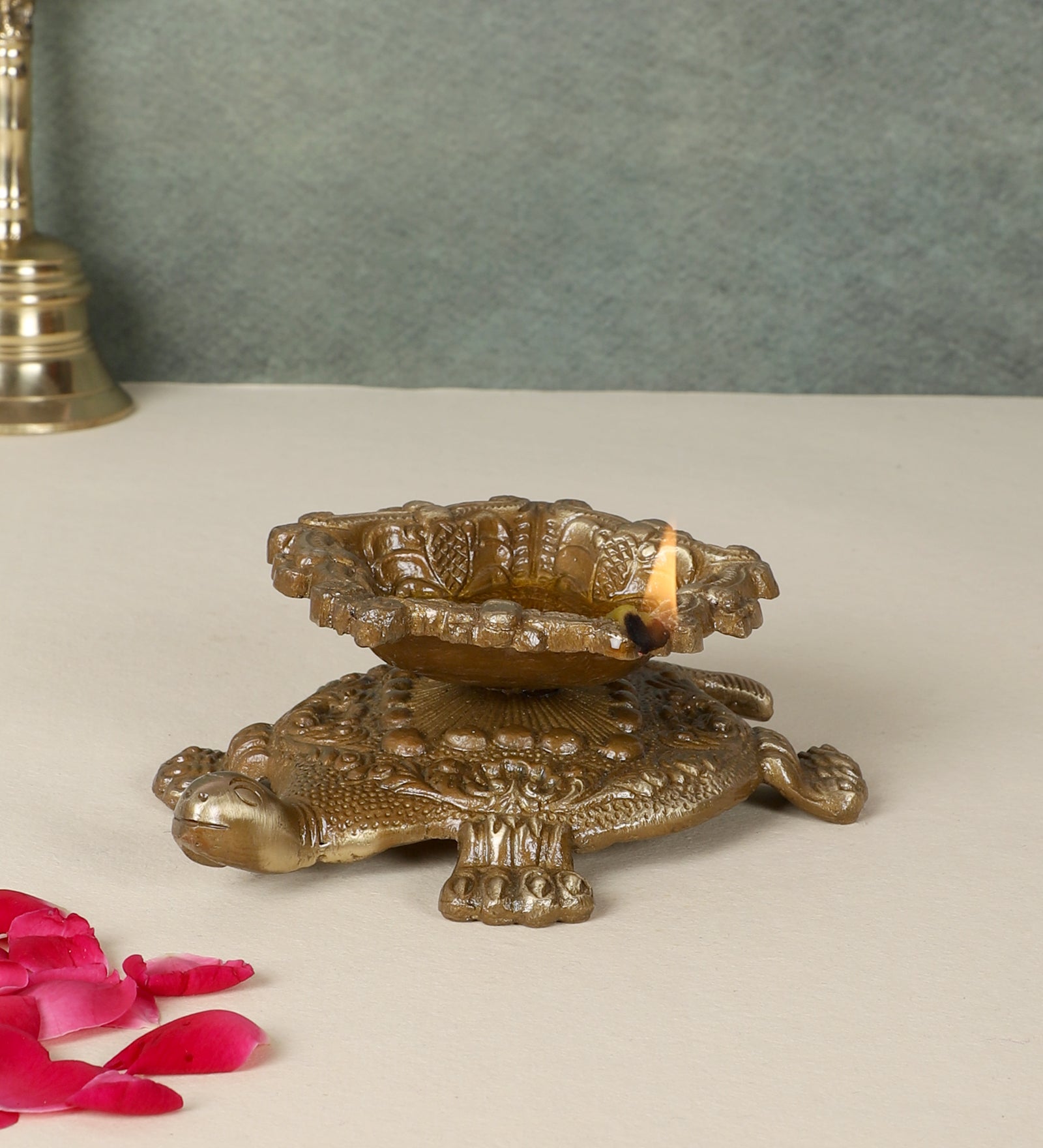 Brass Swastika Engraved Diya Over Tortoise, Brass Diyas for Home