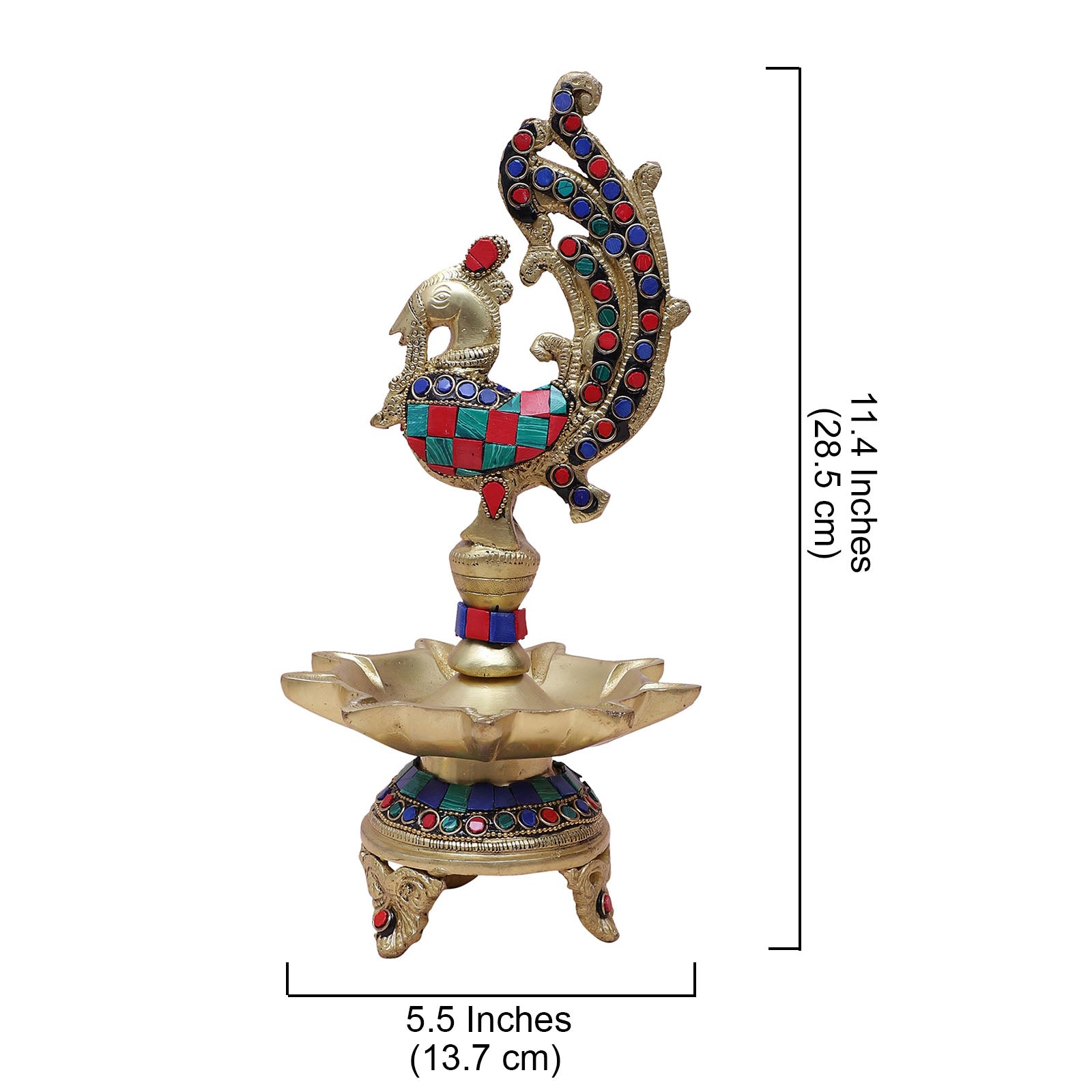 Brass 11.4 Inches Gemstone Work Peacock Design 9 Oil Wick Diya , Diyas for Home Decoration