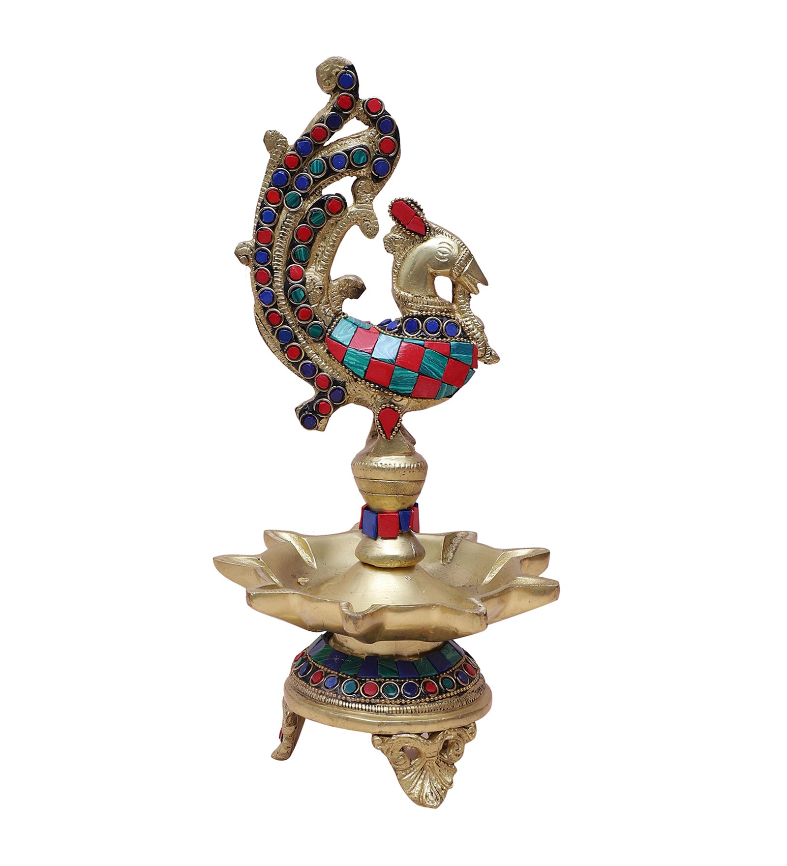 Brass 11.4 Inches Gemstone Work Peacock Design 9 Oil Wick Diya , Diyas for Home Decoration