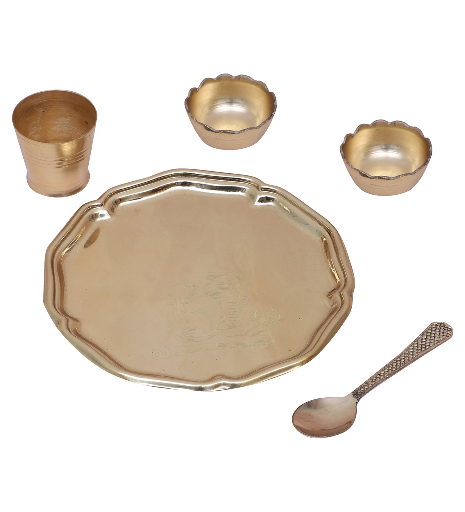 Brass 5 Inches Pooja Thali Set, Brass Thali Set for Bhog, Set of 1 Thali, 2 Katori, 1 Glass and 1 Spoon