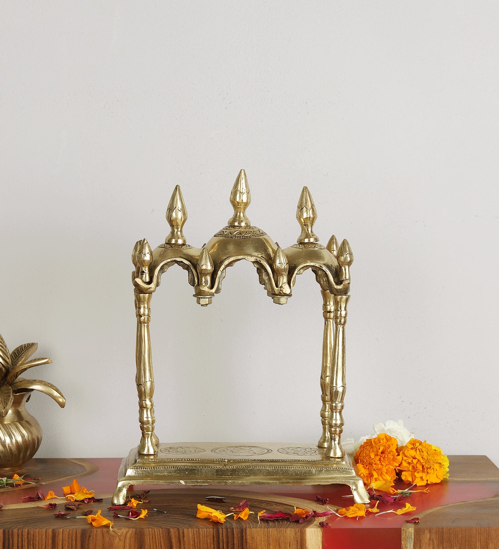 Brass 3 Domed Handcrafted Decor Temple, 11 Inches Brass Temple for Home