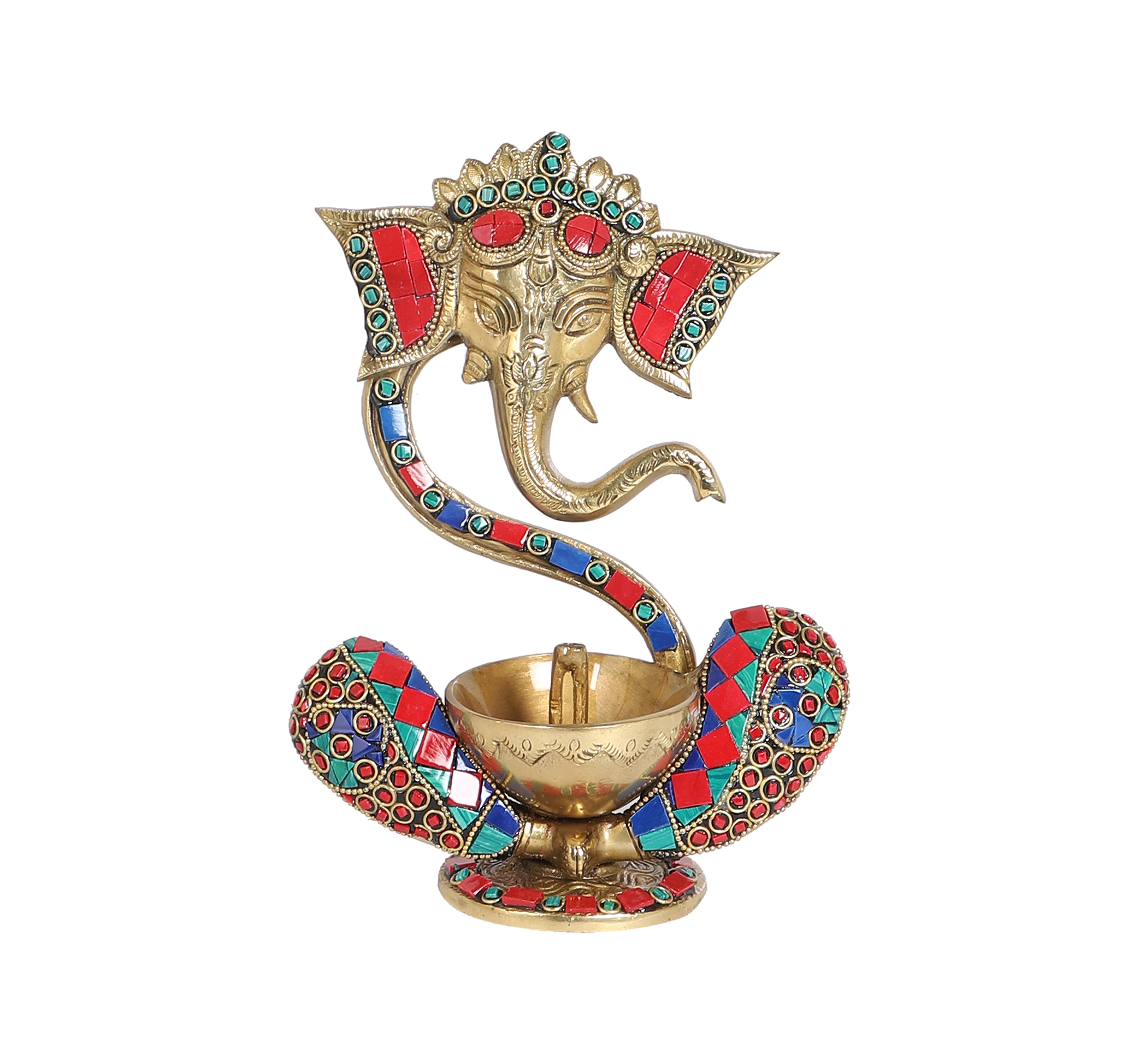 Gemstone Work Brass 8 Inches Blessing Ganesha With Diya on Lap