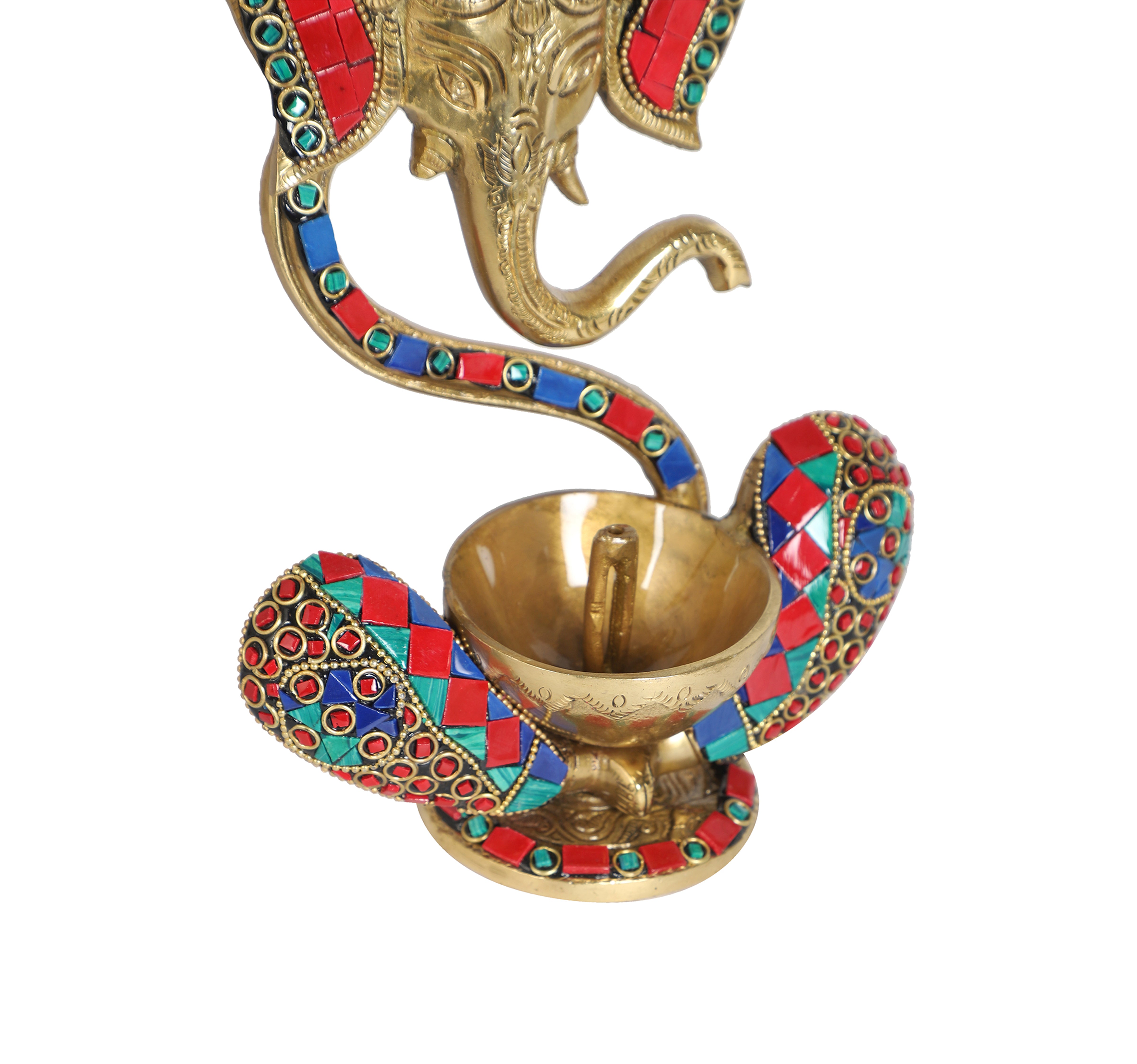 Gemstone Work Brass 8 Inches Blessing Ganesha With Diya on Lap
