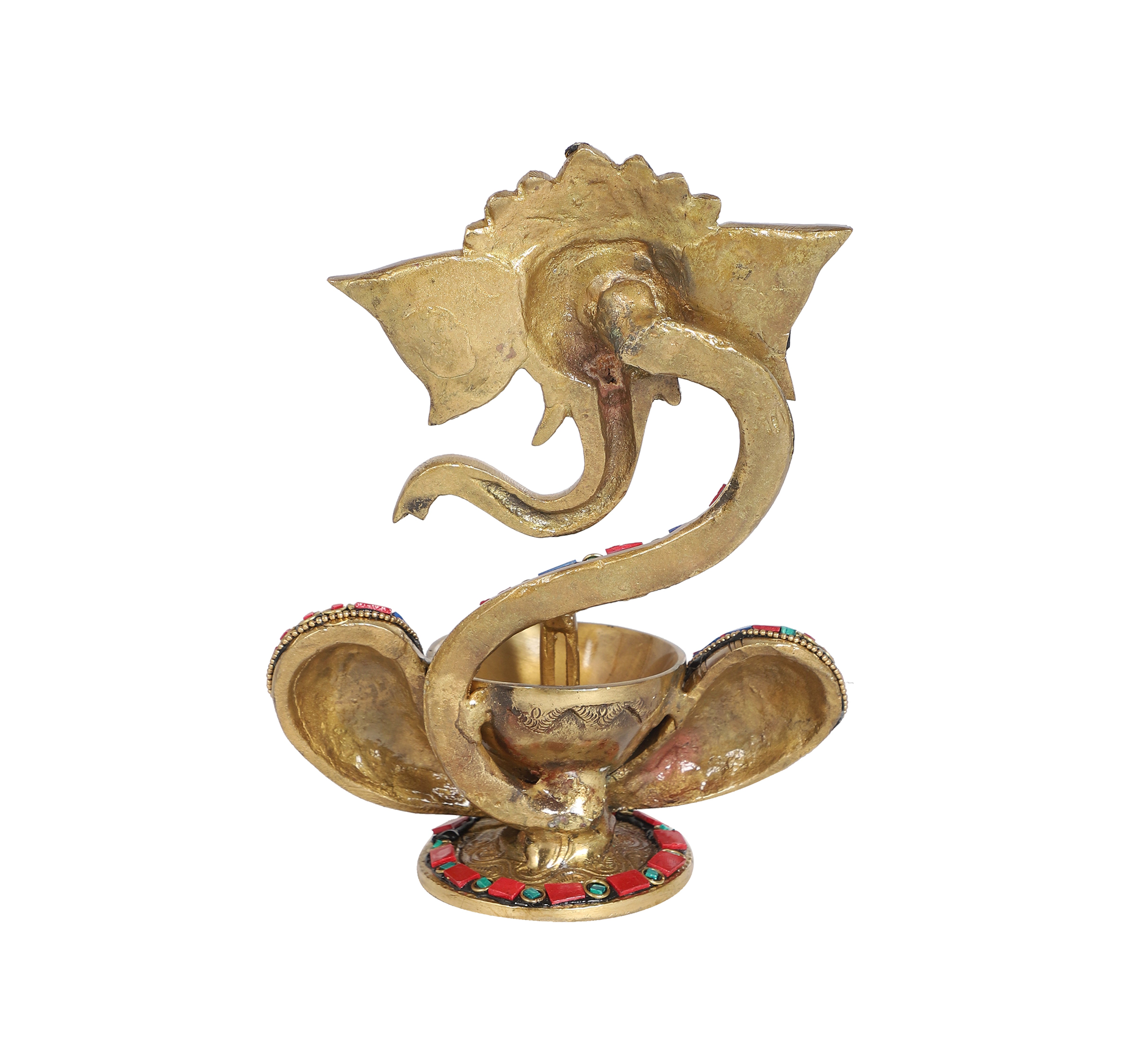 Gemstone Work Brass 8 Inches Blessing Ganesha With Diya on Lap