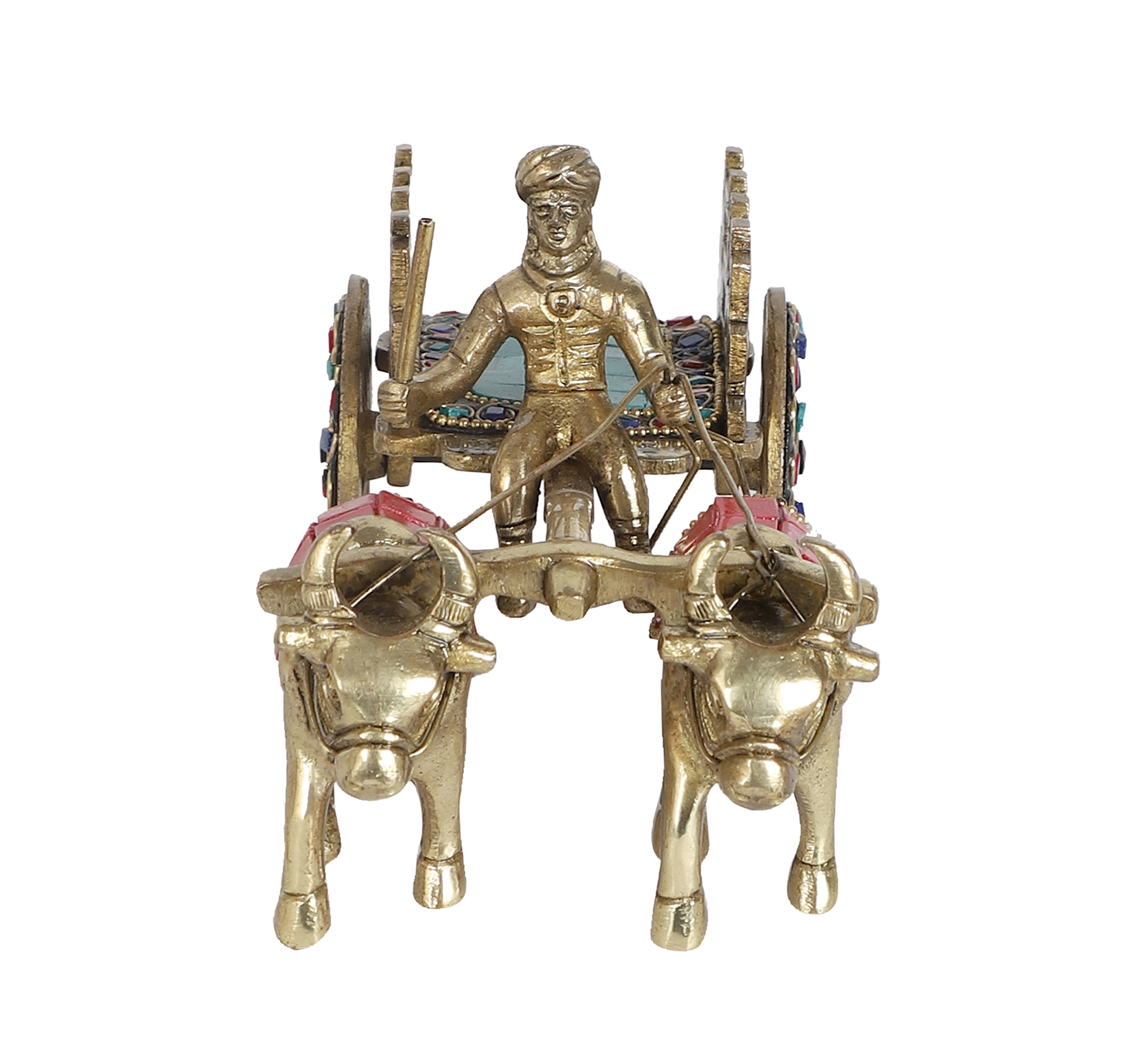 Gemstone Work 7.5 Inches Brass Bullock Cart Showpiece, Brass Home Decor