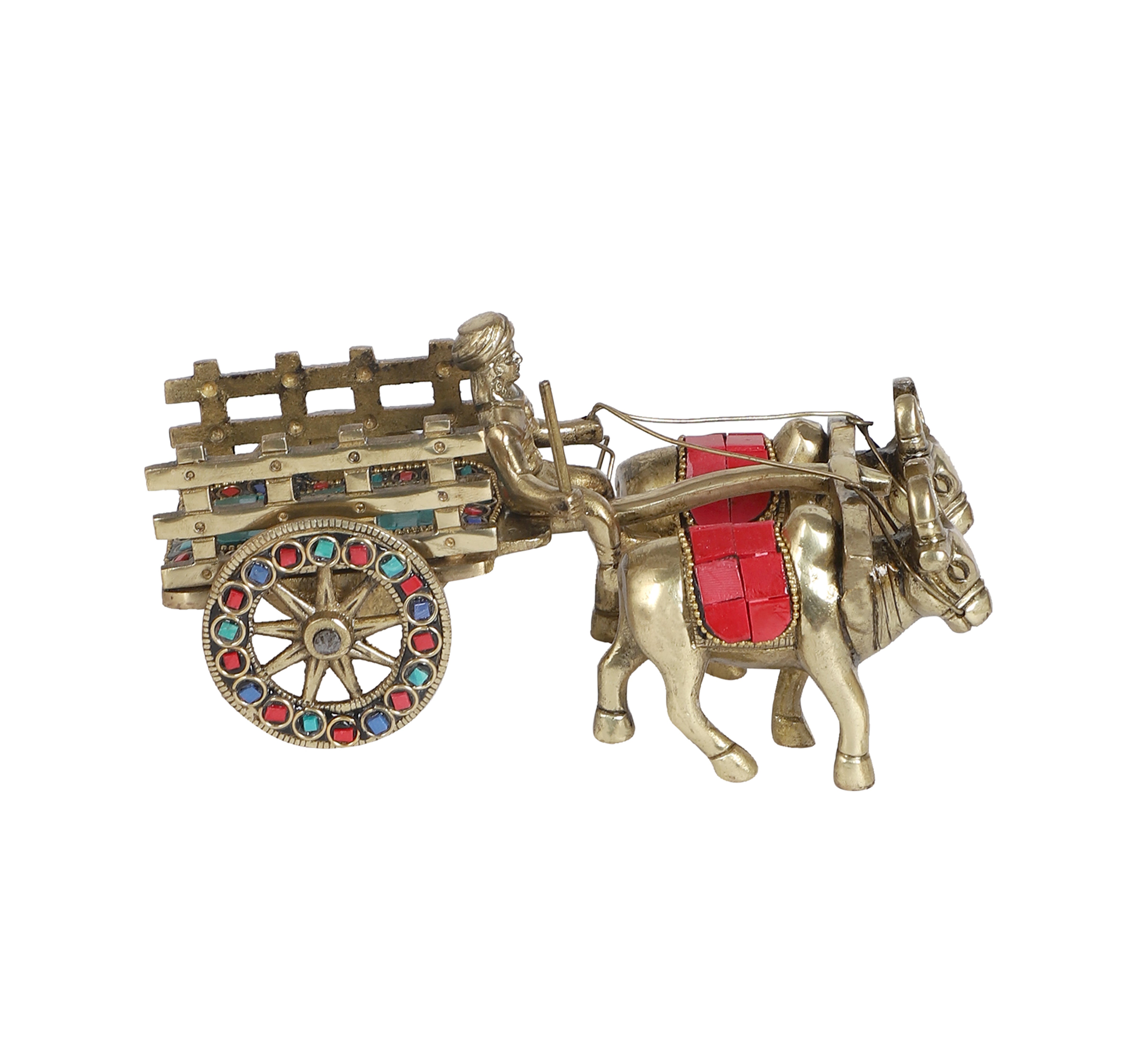 Gemstone Work 7.5 Inches Brass Bullock Cart Showpiece, Brass Home Decor