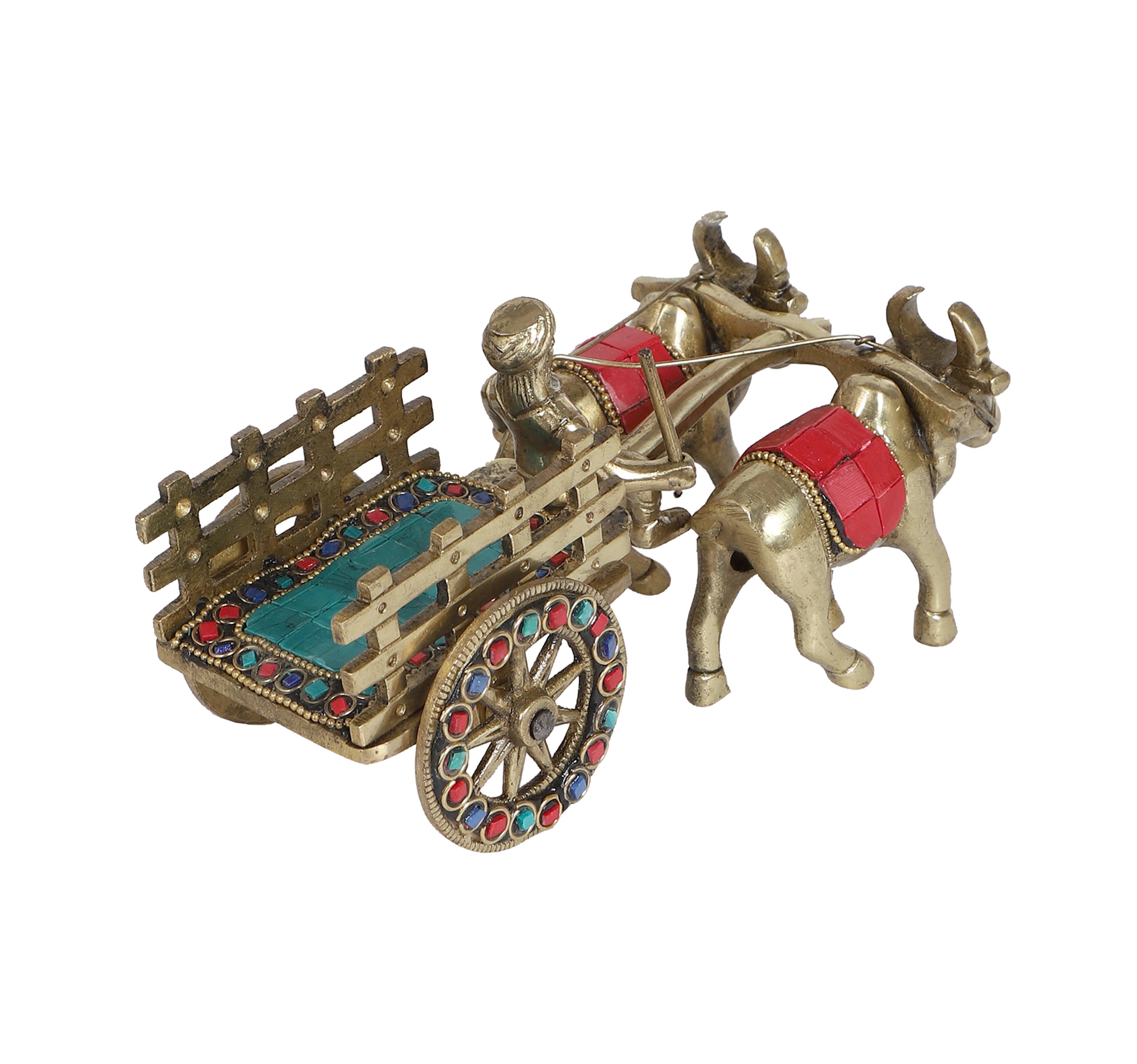 Gemstone Work 7.5 Inches Brass Bullock Cart Showpiece, Brass Home Decor