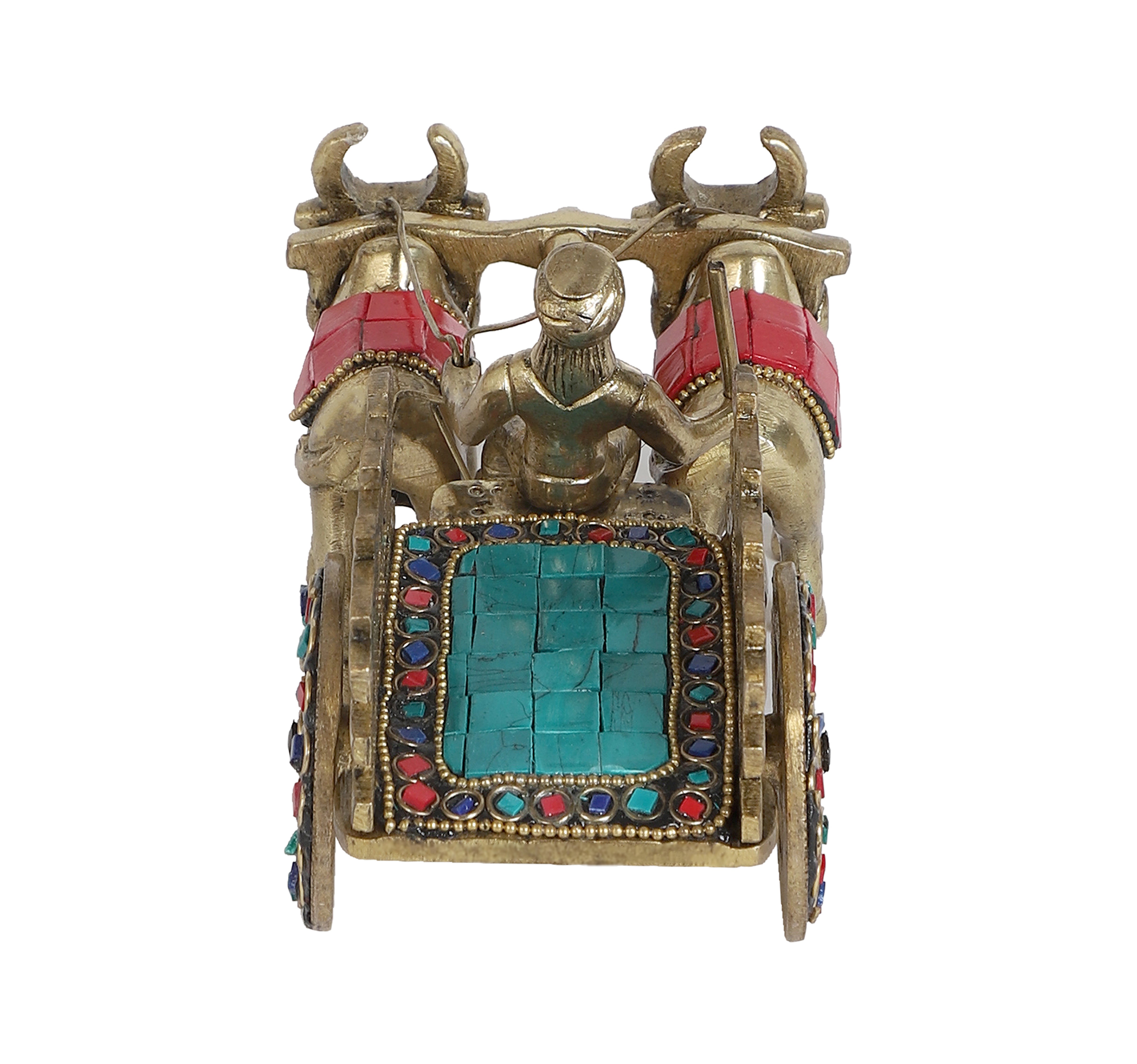 Gemstone Work 7.5 Inches Brass Bullock Cart Showpiece, Brass Home Decor