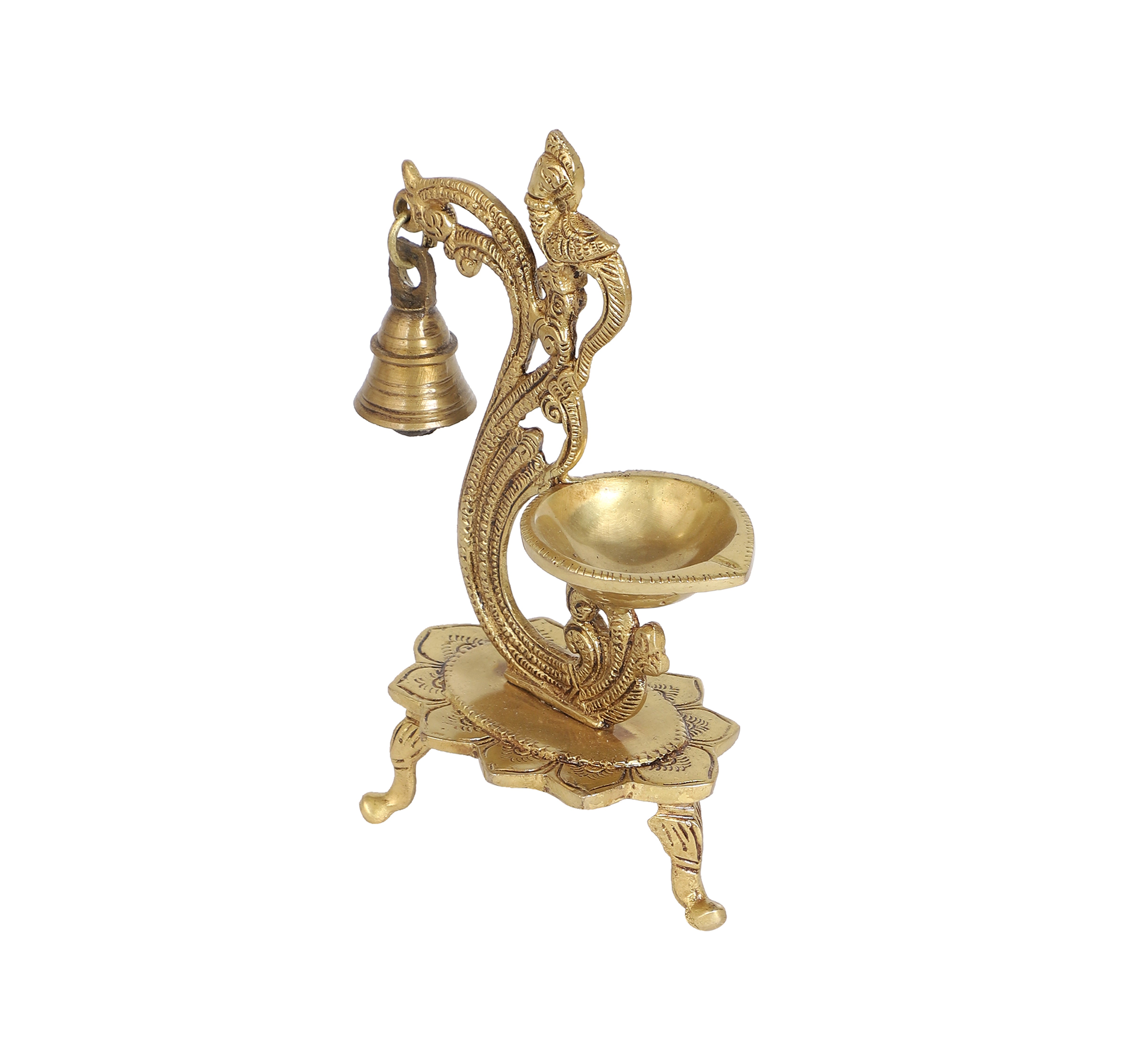 Ethnic Carved Peacock Design Brass Diya with Bell