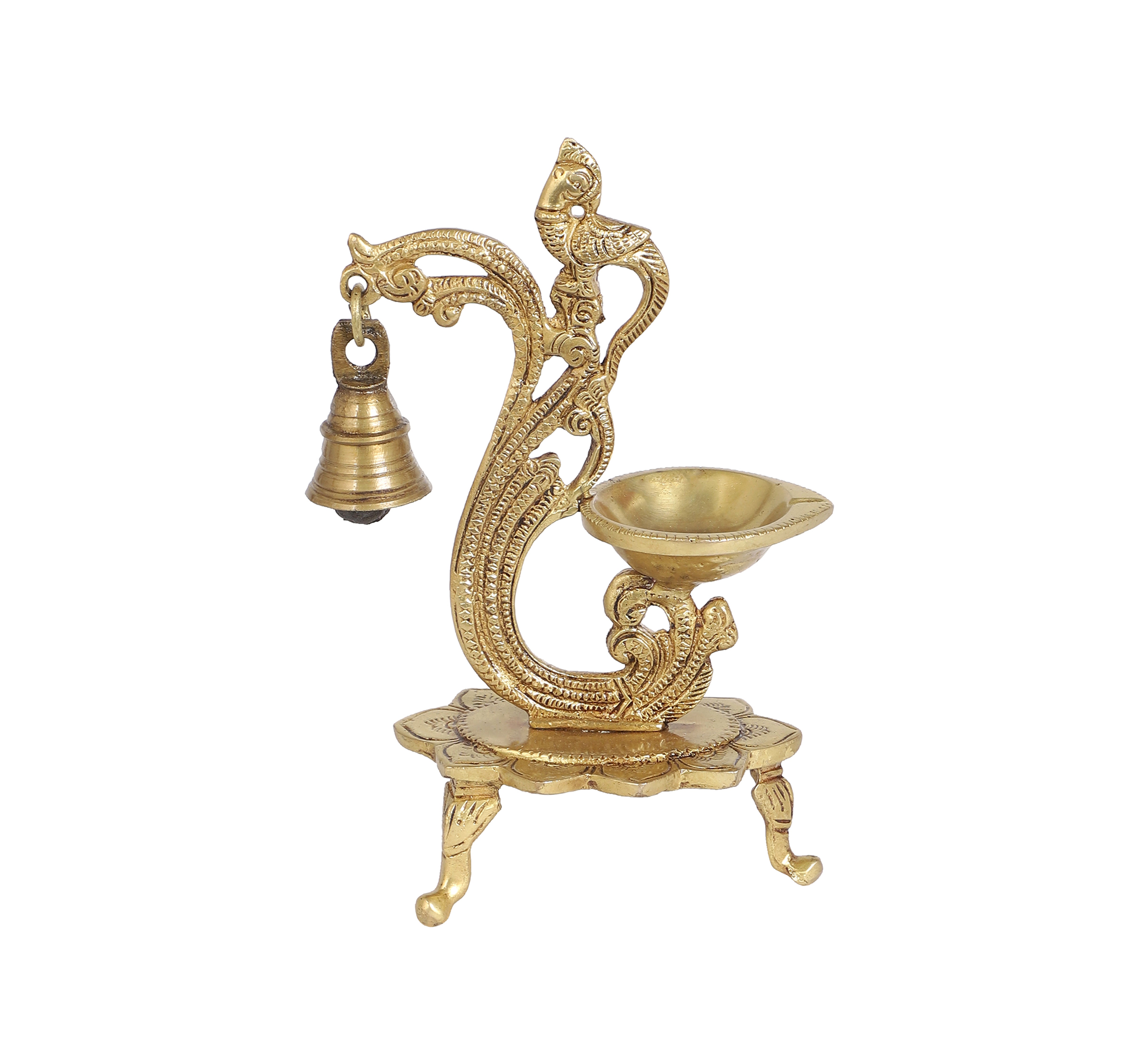 Ethnic Carved Peacock Design Brass Diya with Bell