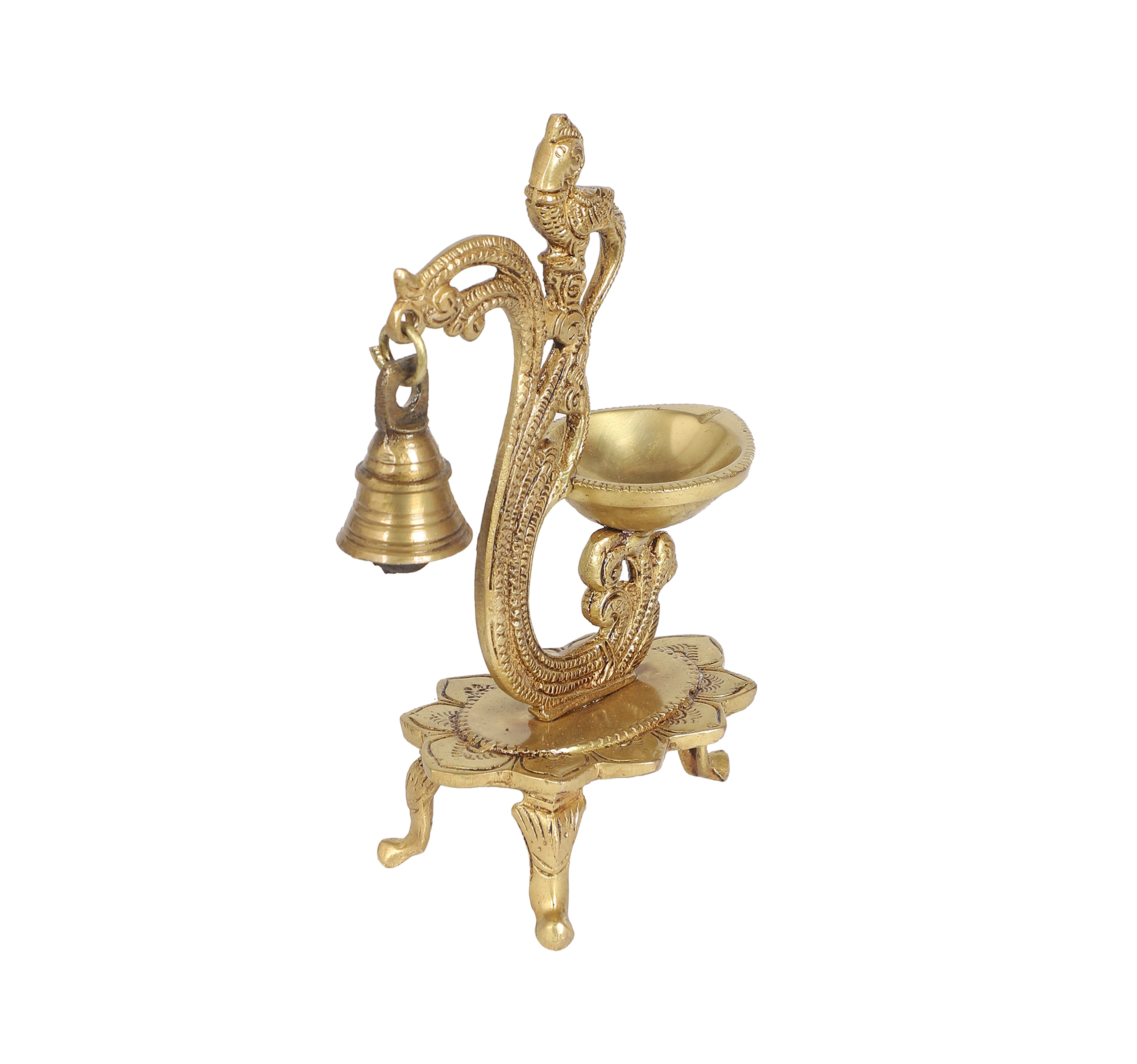 Ethnic Carved Peacock Design Brass Diya with Bell