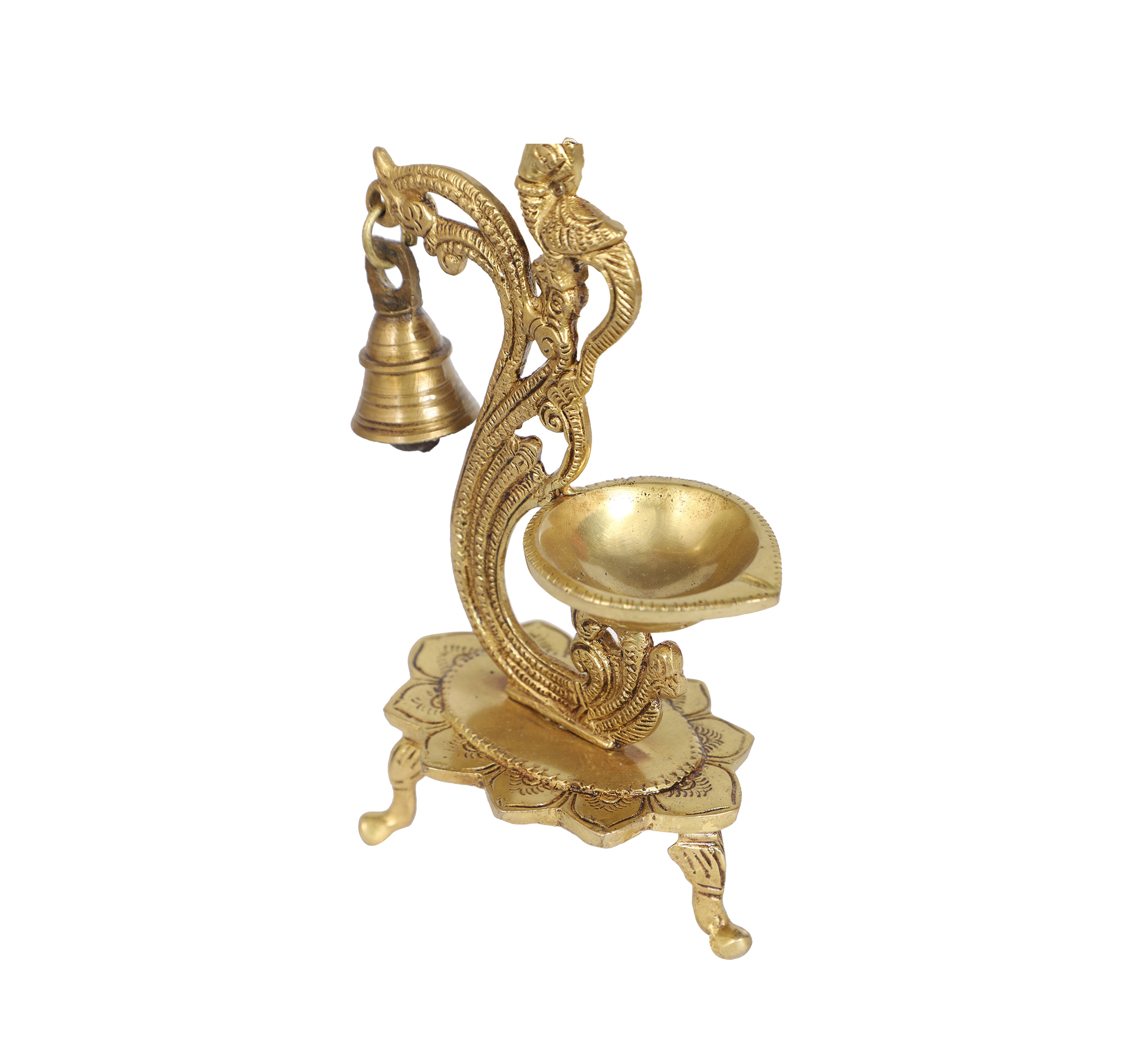 Ethnic Carved Peacock Design Brass Diya with Bell