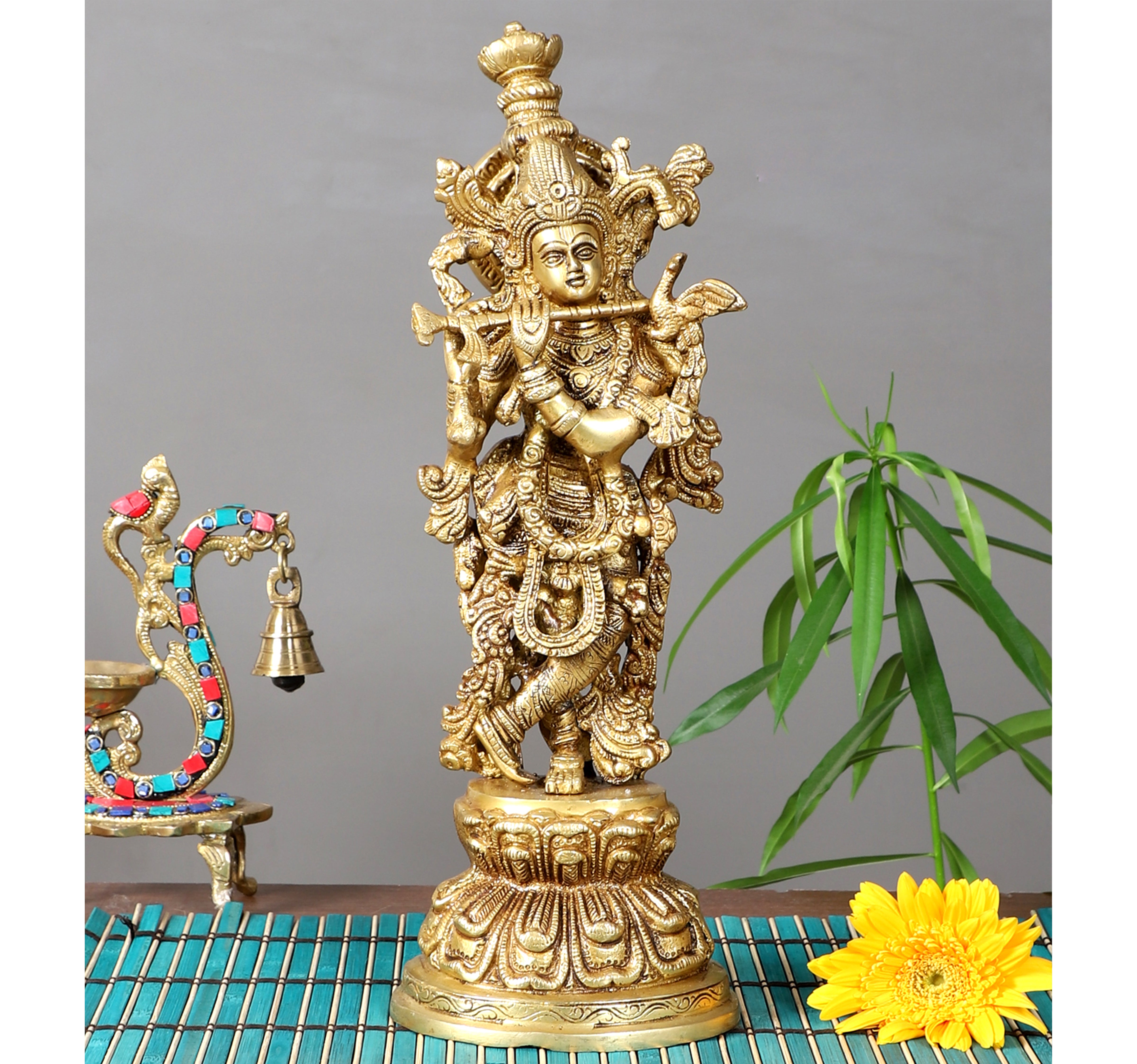 Brass 15 Inches Lord Krishna Statue, Brass Krishna Idol, Krishna Statue for Home Temple