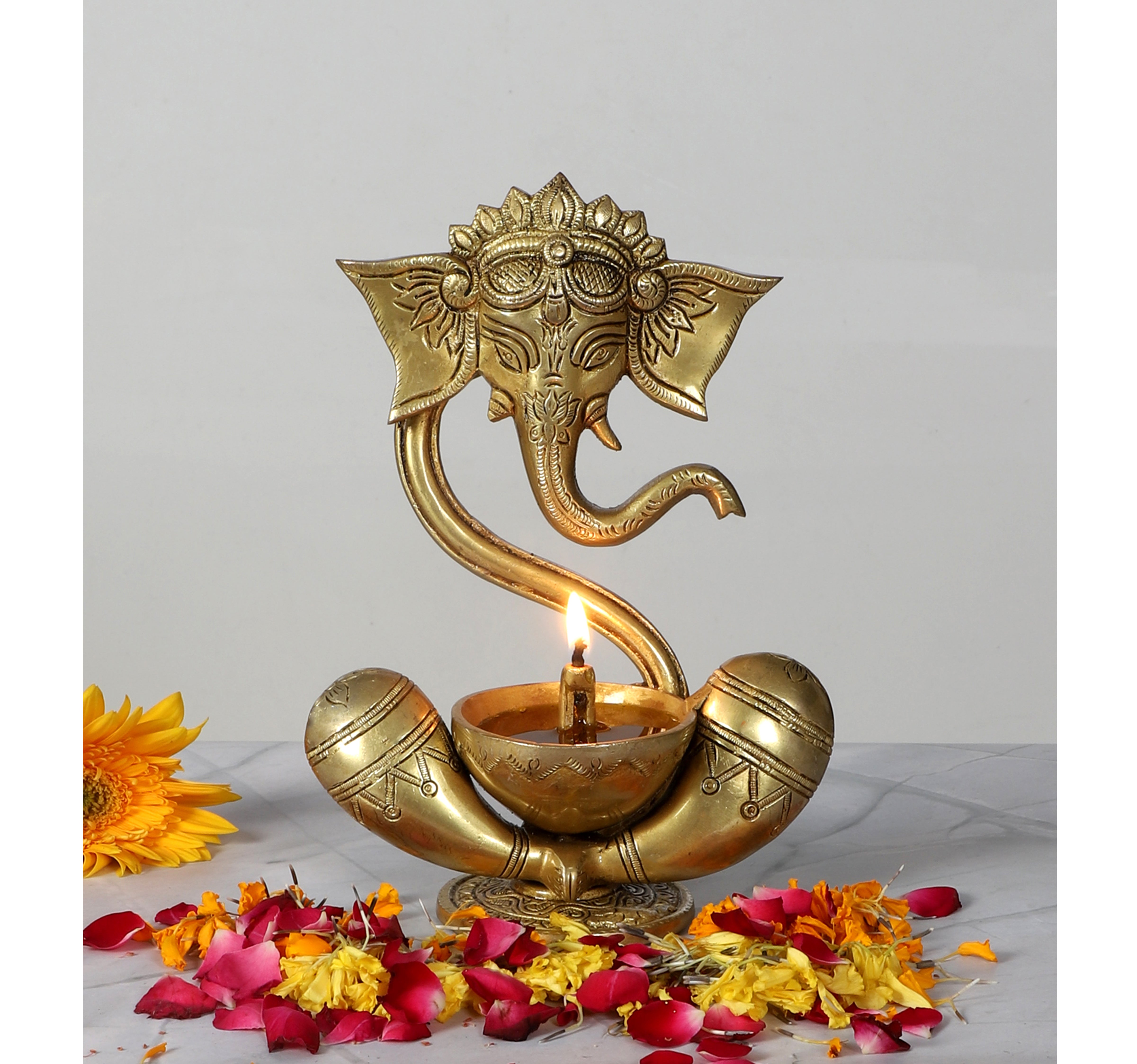 Brass 8 Inches Ganesha with Diya on Lap, Brass Ganesha Oil Lamp