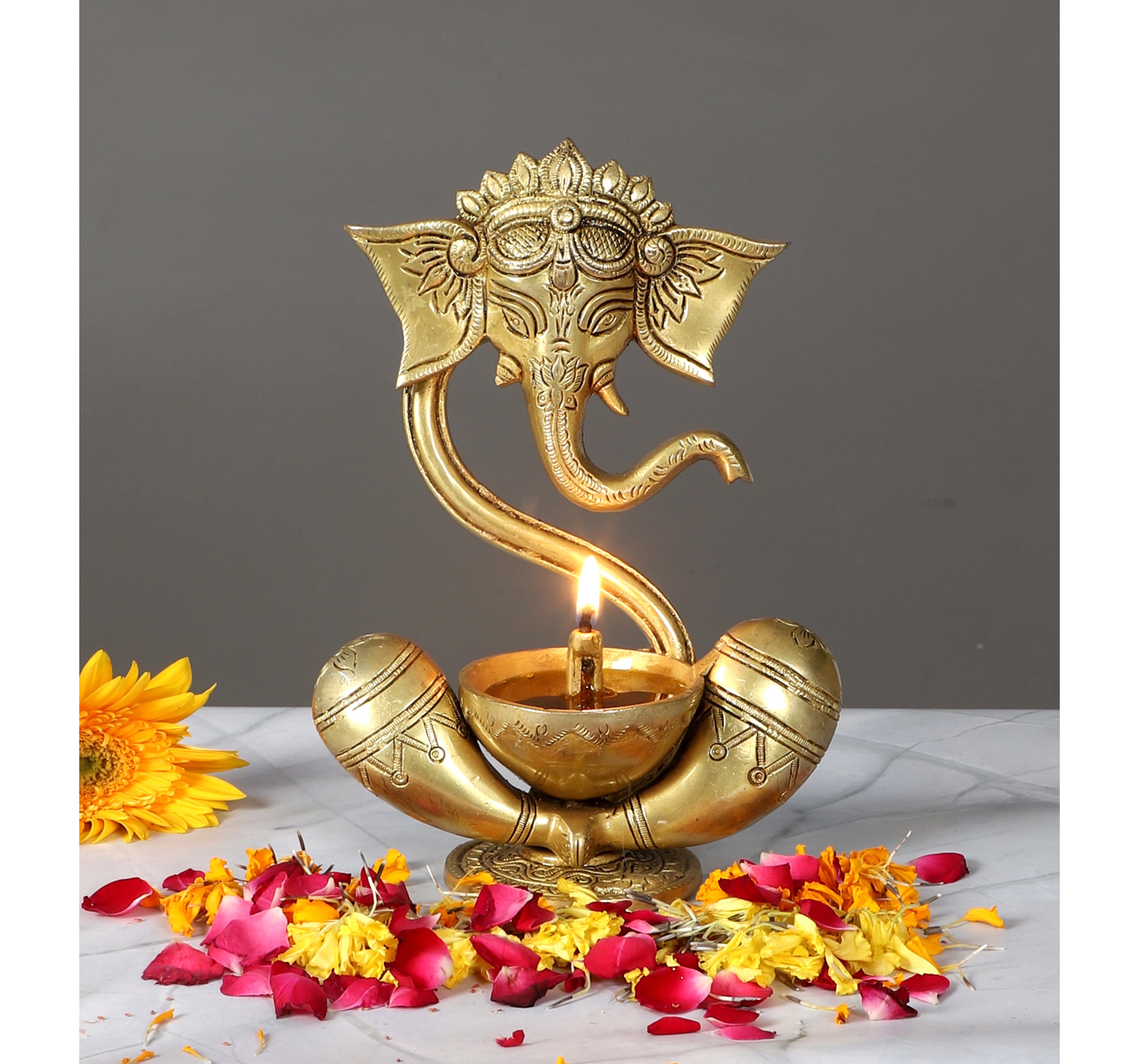 Brass 8 Inches Ganesha with Diya on Lap, Brass Ganesha Oil Lamp
